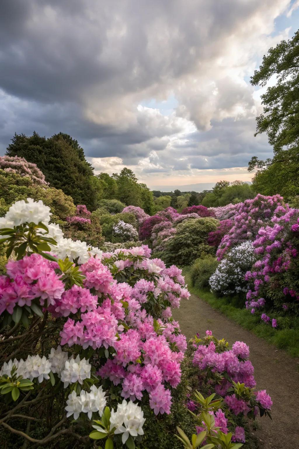 A lively mix of rhododendron hues brings vitality to the garden.
