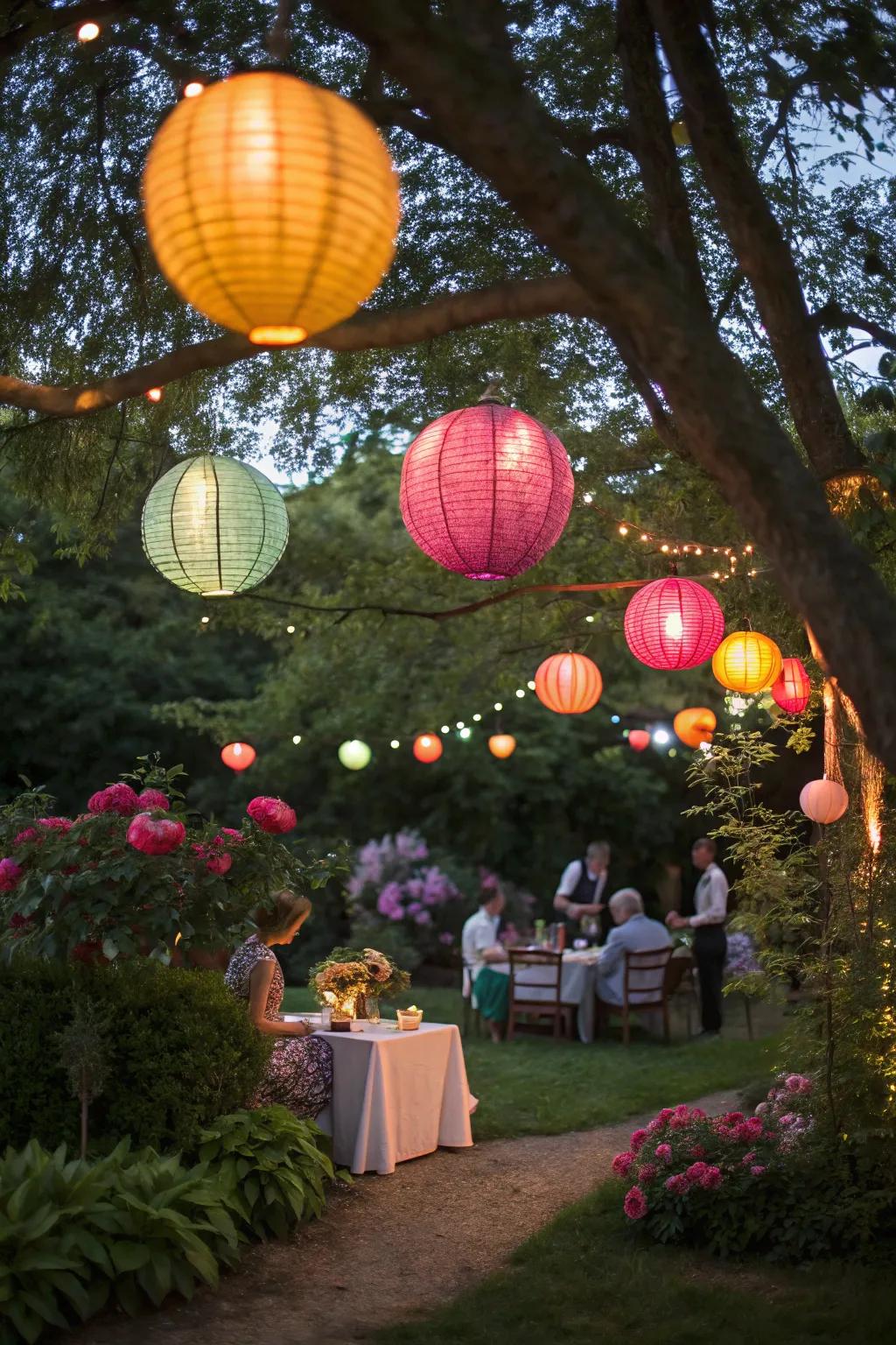 Vibrant paper lanterns create a whimsical atmosphere for a garden party.