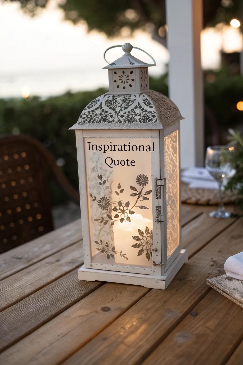 A customized lantern showcasing a carefully engraved sentiment.