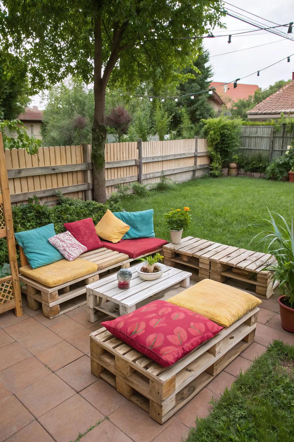 A combination of shipping supports and cushions makes a delightful seating area without breaking the bank.