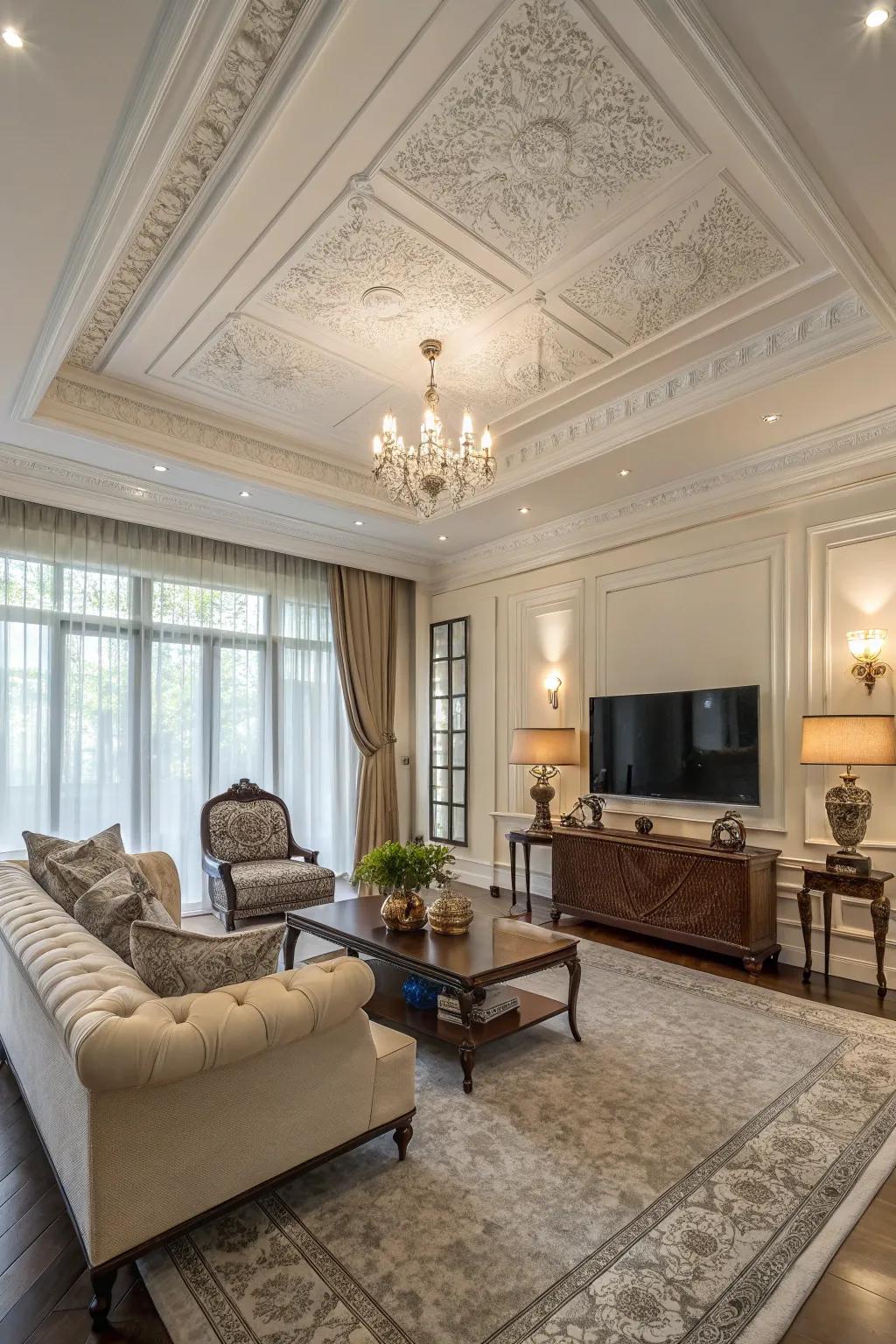 A spacious living room featuring wide crown molding, enhancing the room's majesty.