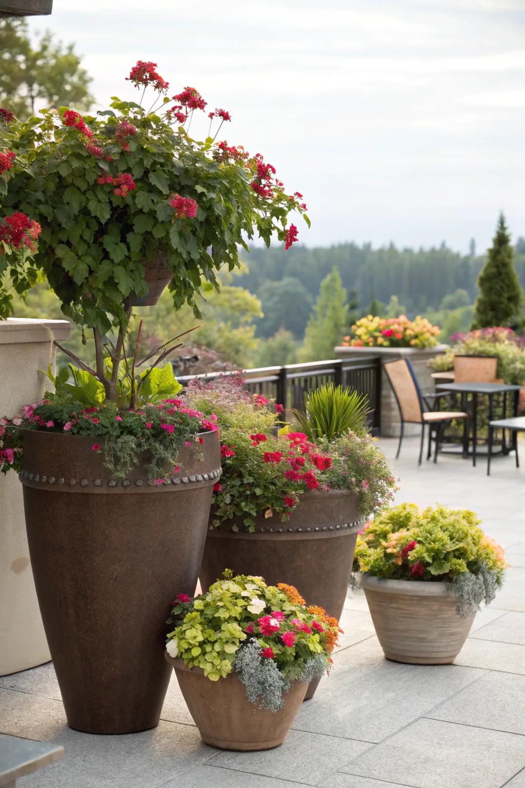 Achieve a visually appealing display with flower pots of assorted heights.