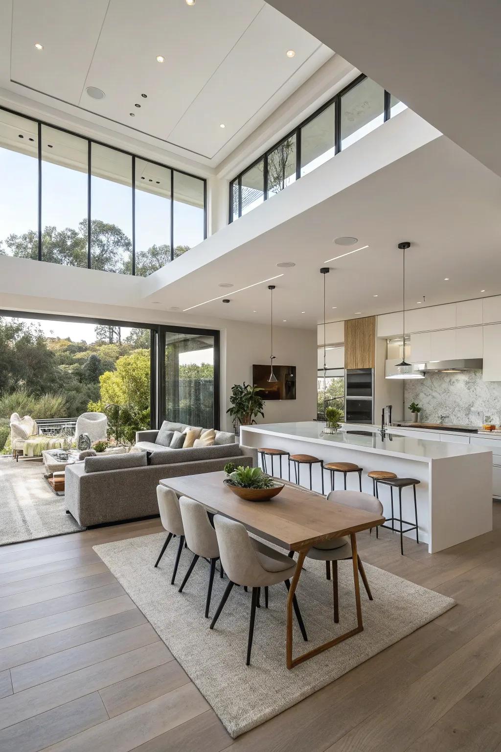 An open layout kitchen smoothly merging dining and living areas.
