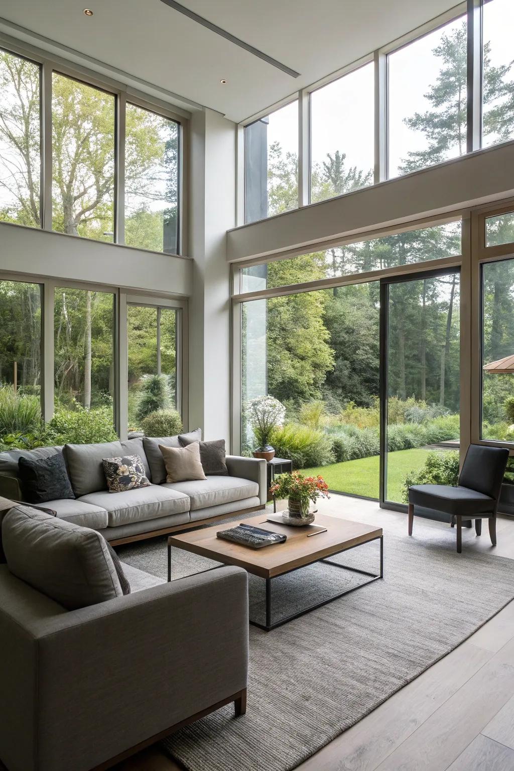 A living area featuring full-length windows, effortlessly connecting the interior with the exterior.