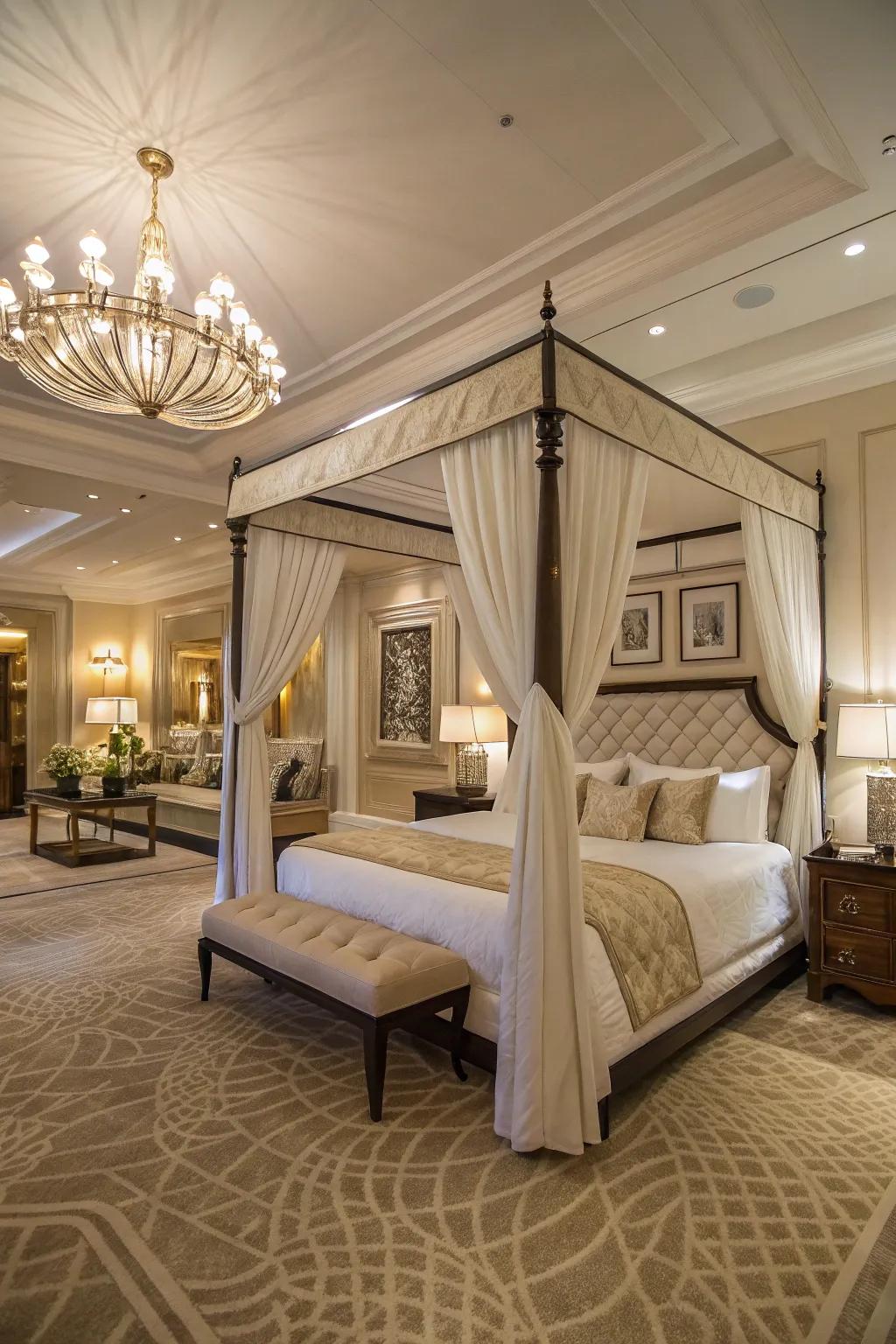 A stunning canopy bed acts as the focal point in this expansive master bedroom.