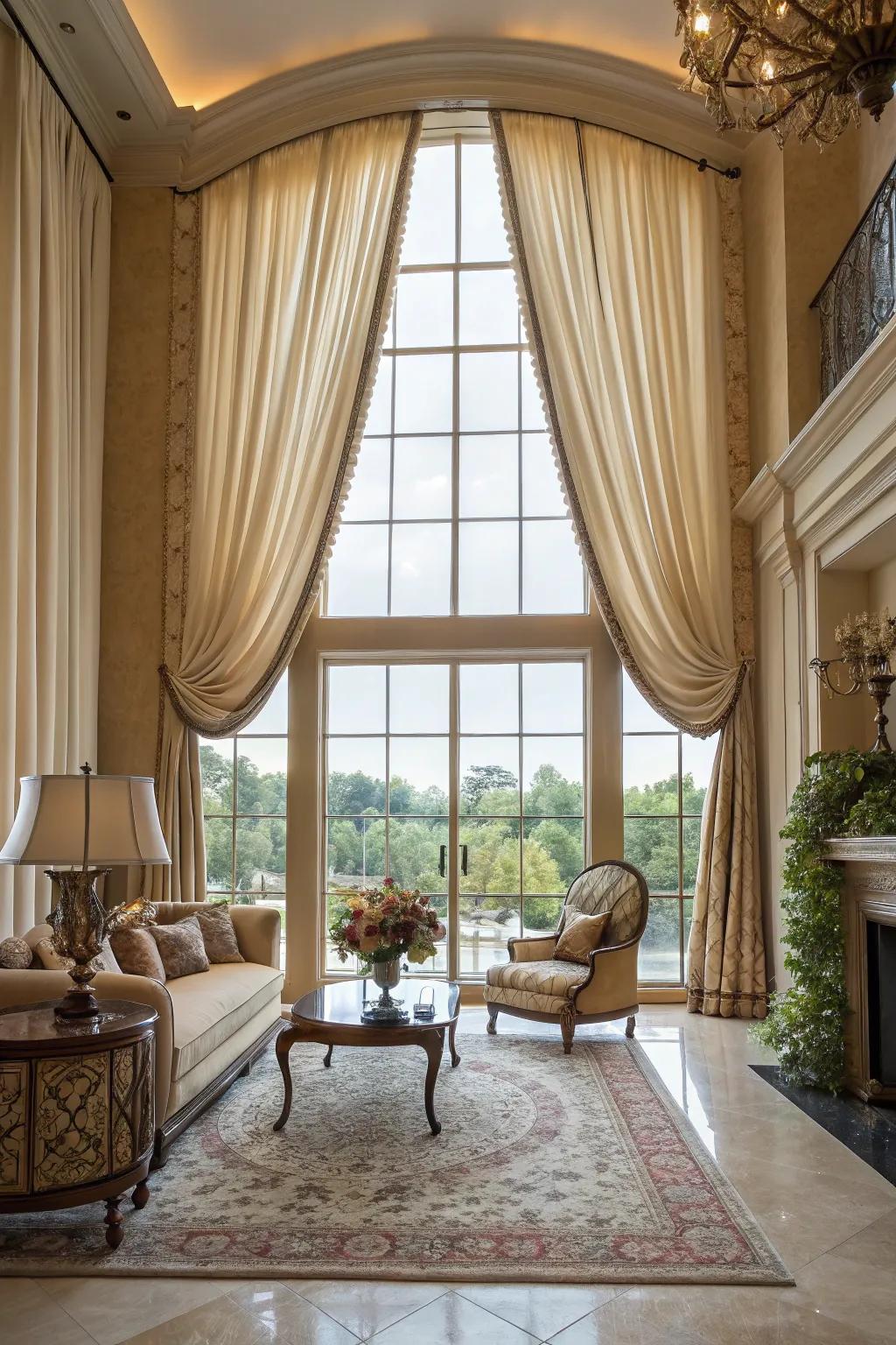 Enhance your space with drapes extending from floor to ceiling.