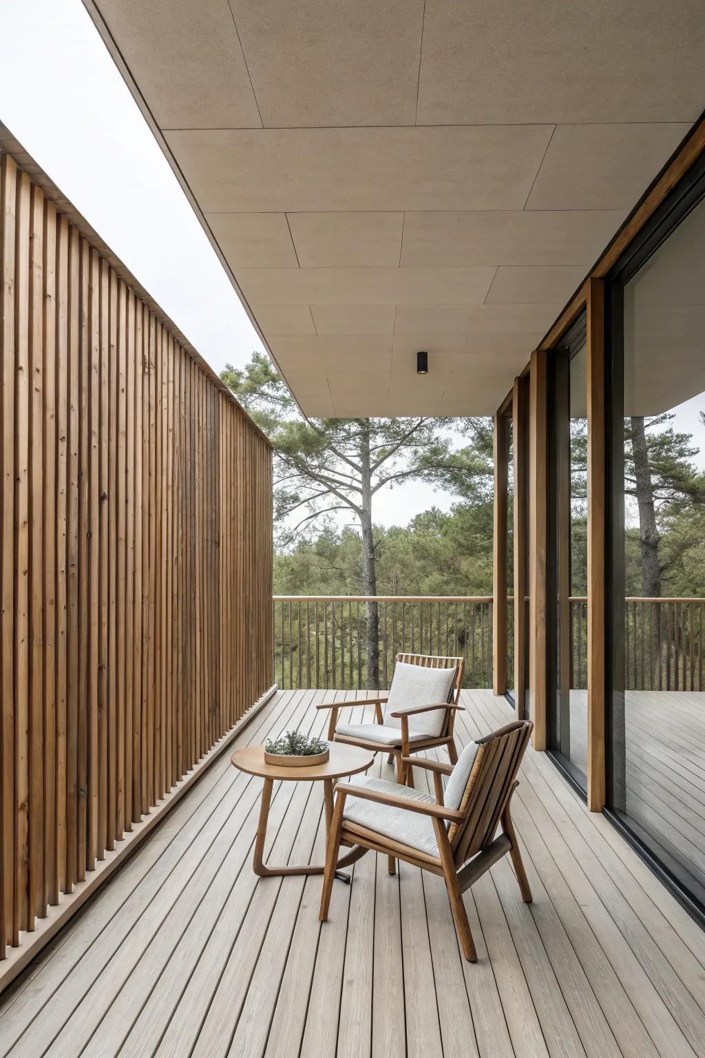 Vertical wood slats give a modern ambiance to this outdoor space.