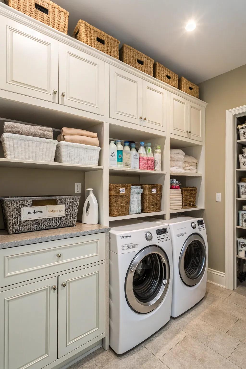 Using vertical storage helps keep your laundry area organized and efficient.