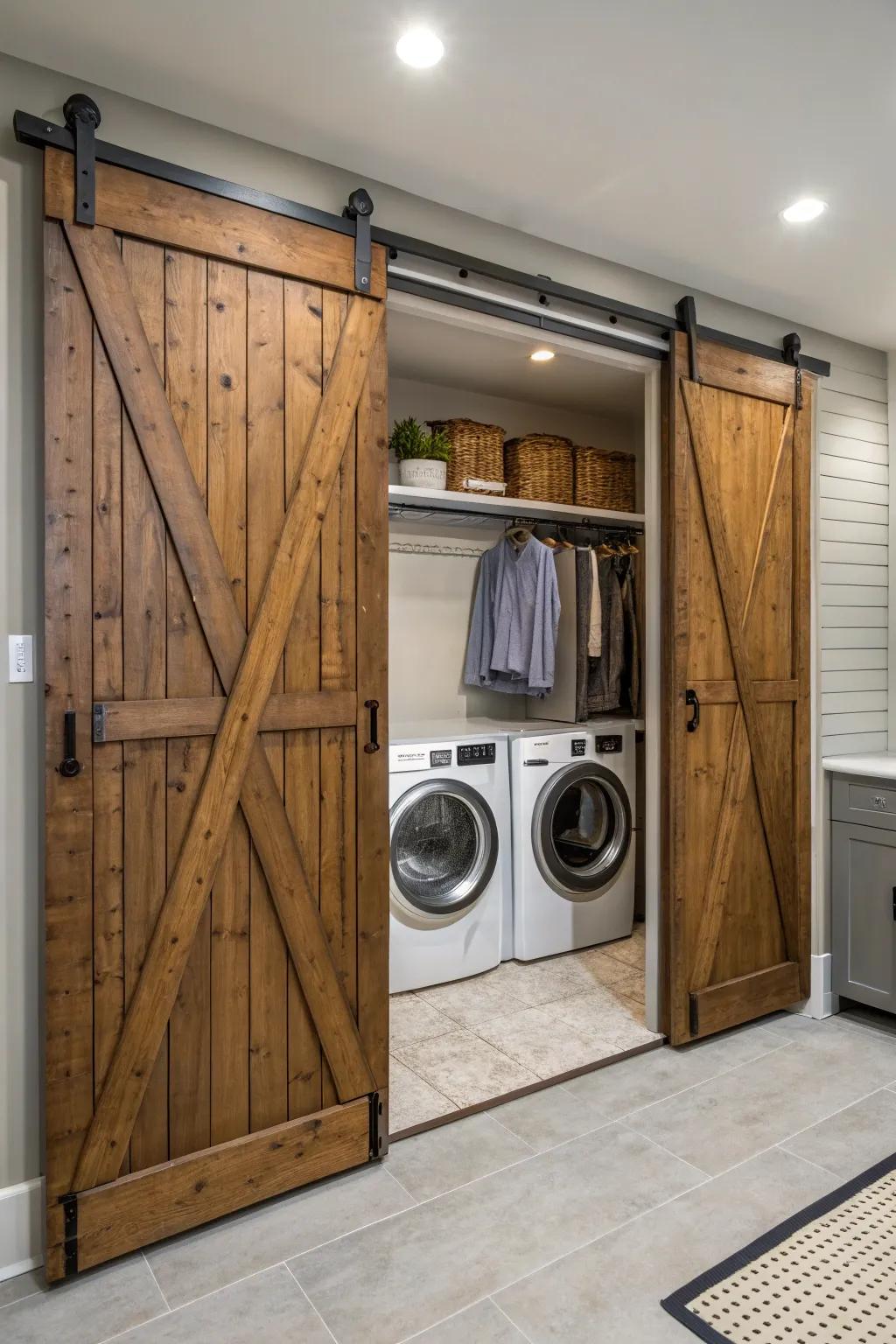 Sliding barn doors bring country charm while also saving space.