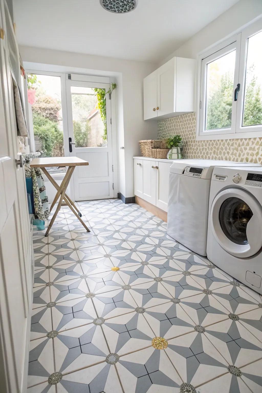 Geometric patterned tiles give this laundry room a lively feel.