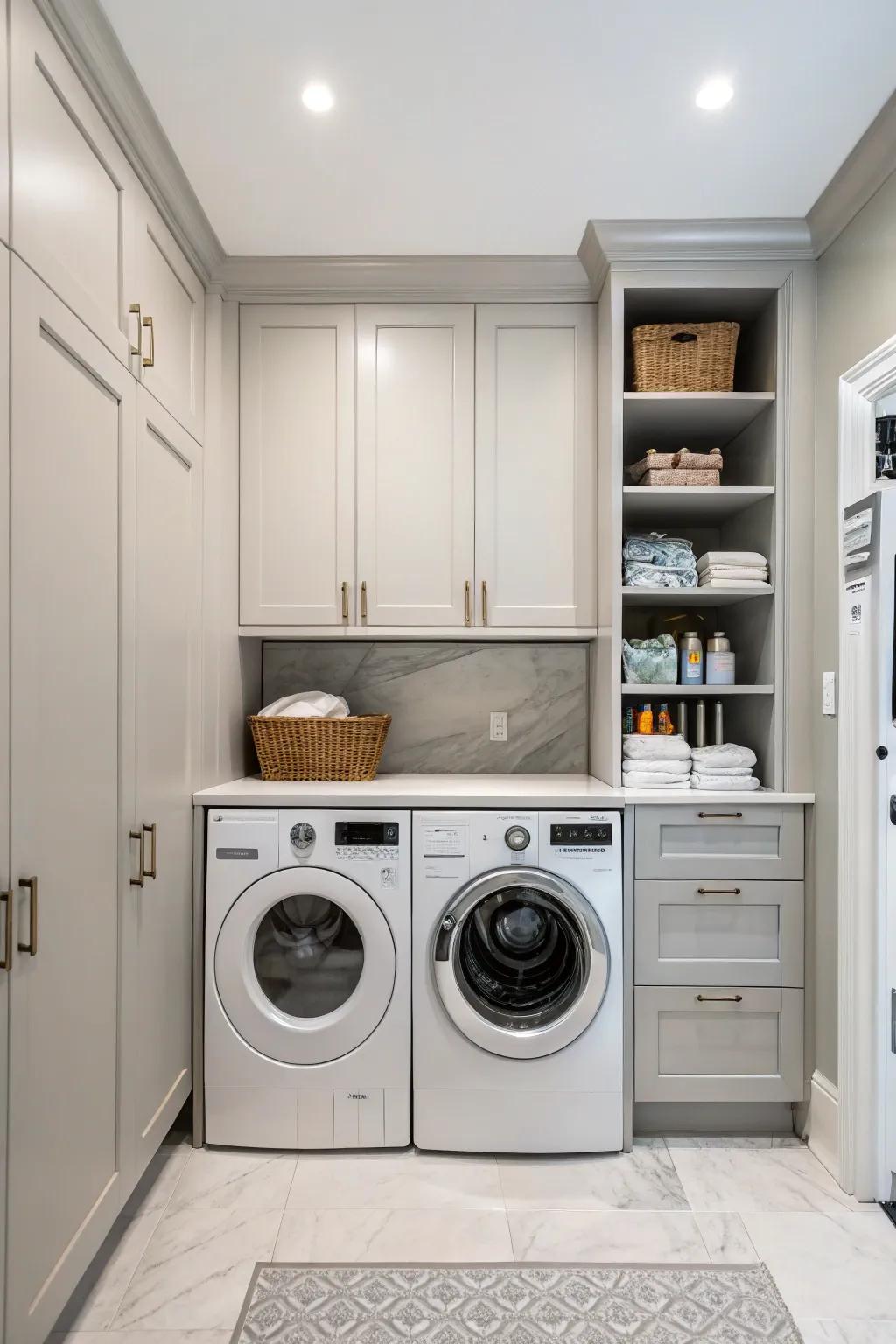 Efficient cabinetry ensures your laundry necessities are neatly arranged and concealed.