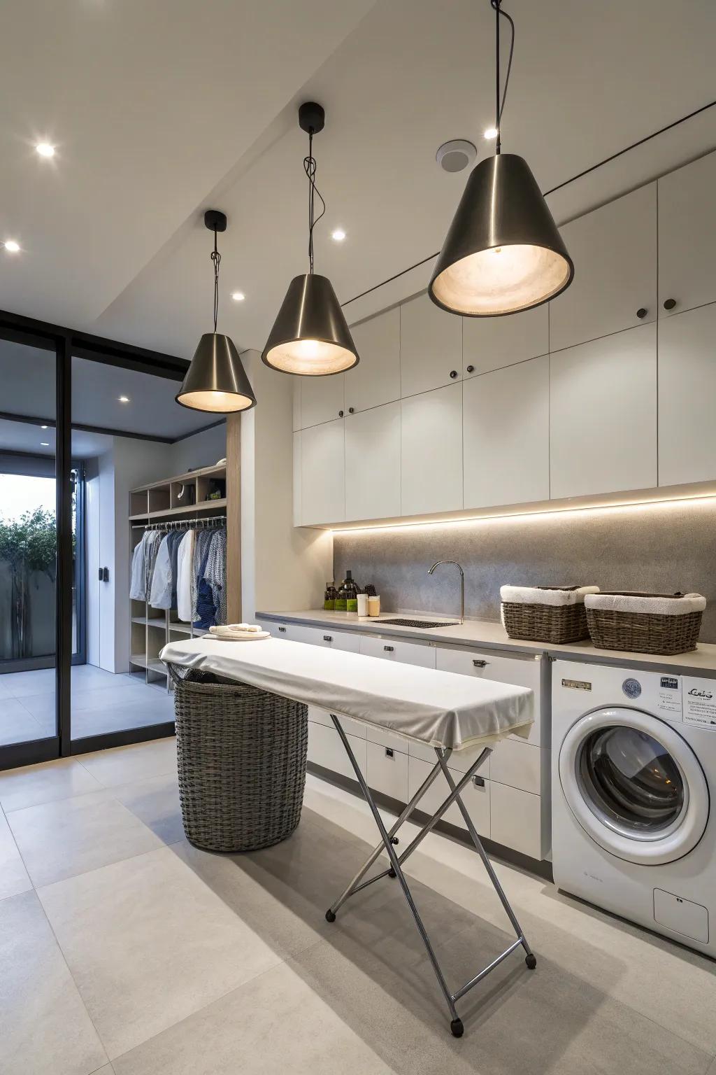 Stylish pendant lighting blends perfectly with functionality in the laundry area.