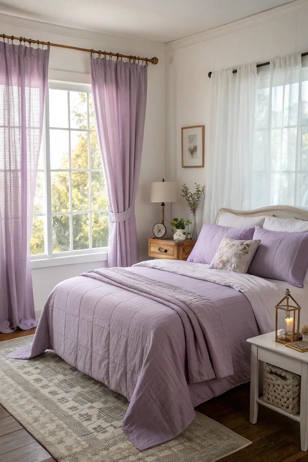 A snug bedroom showcasing lilac bedding and curtains flooded with gentle morning sunlight.