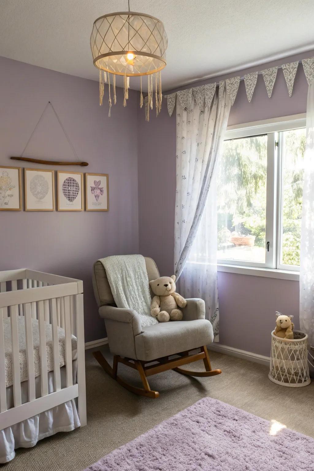Lavender walls establish a soothing atmosphere.