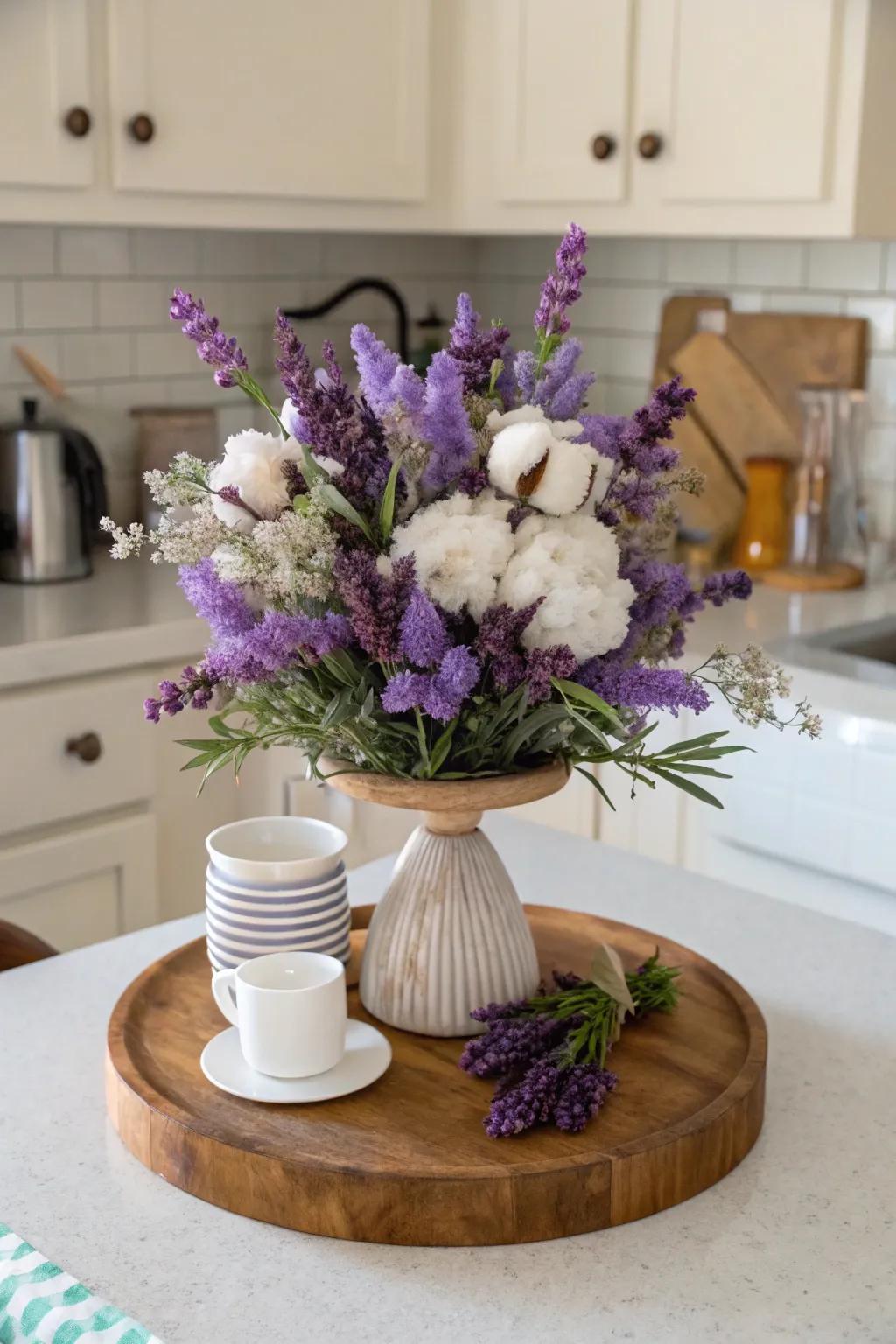 A rotating tray showcasing a captivating floral presentation of lavender and cotton.
