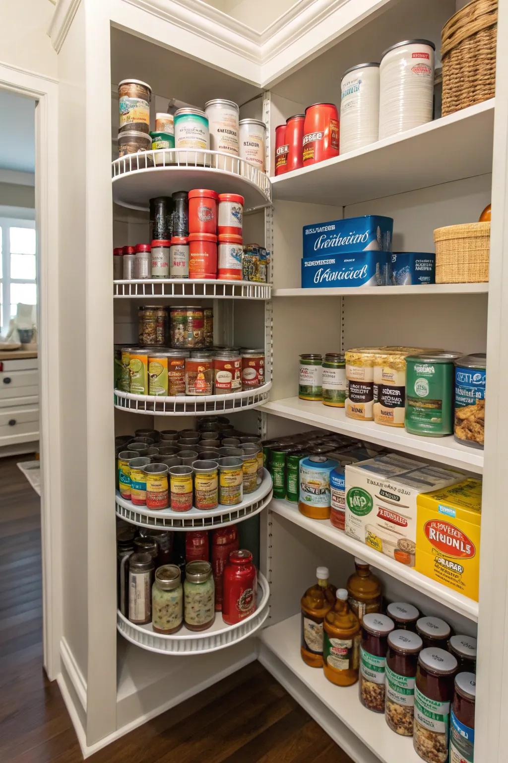 Optimize pantry storage using a spinning organizer for easy access to your staples.