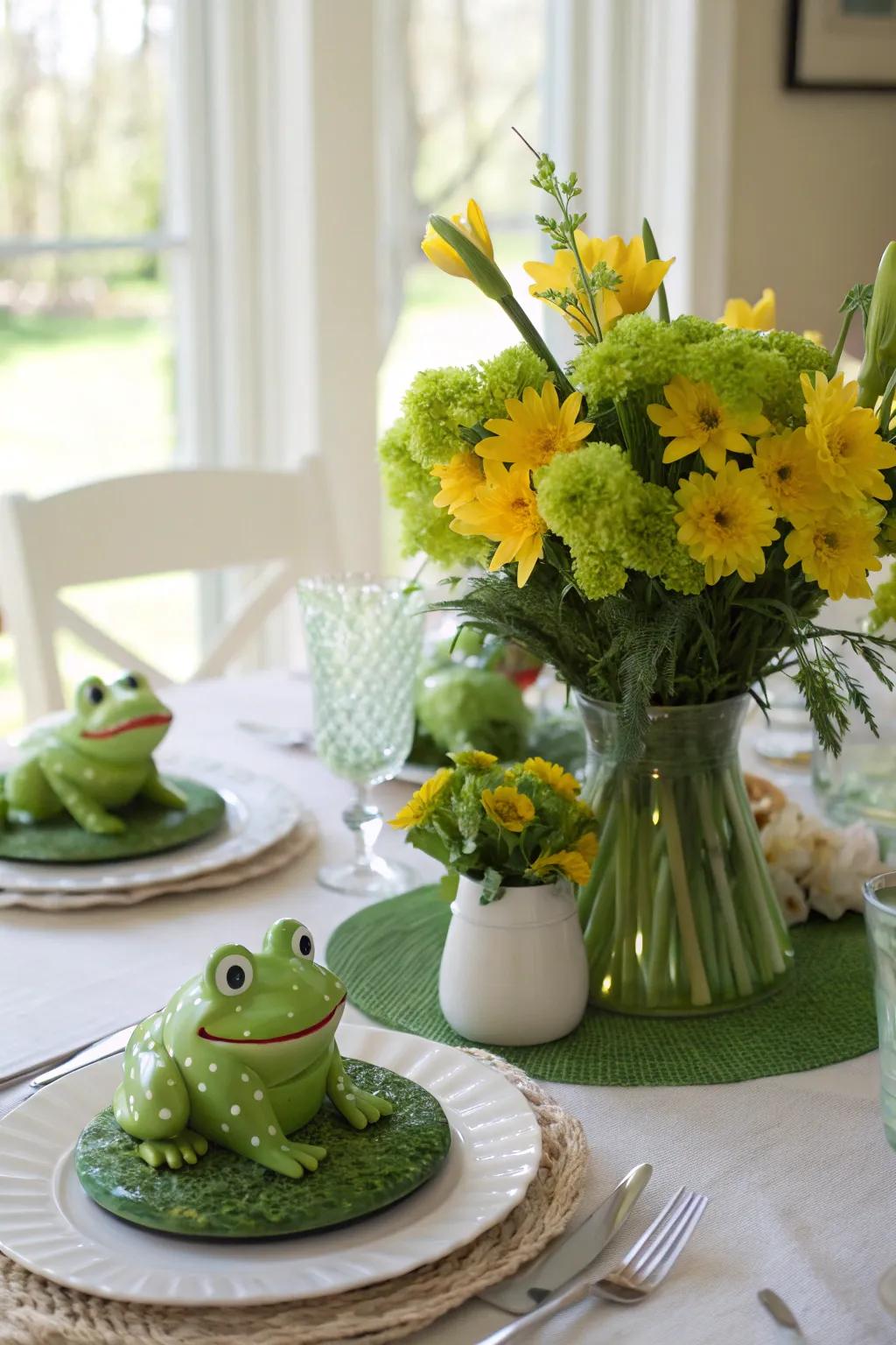 Frog-themed centerpieces bring a fun element to your Leap Year dining table.
