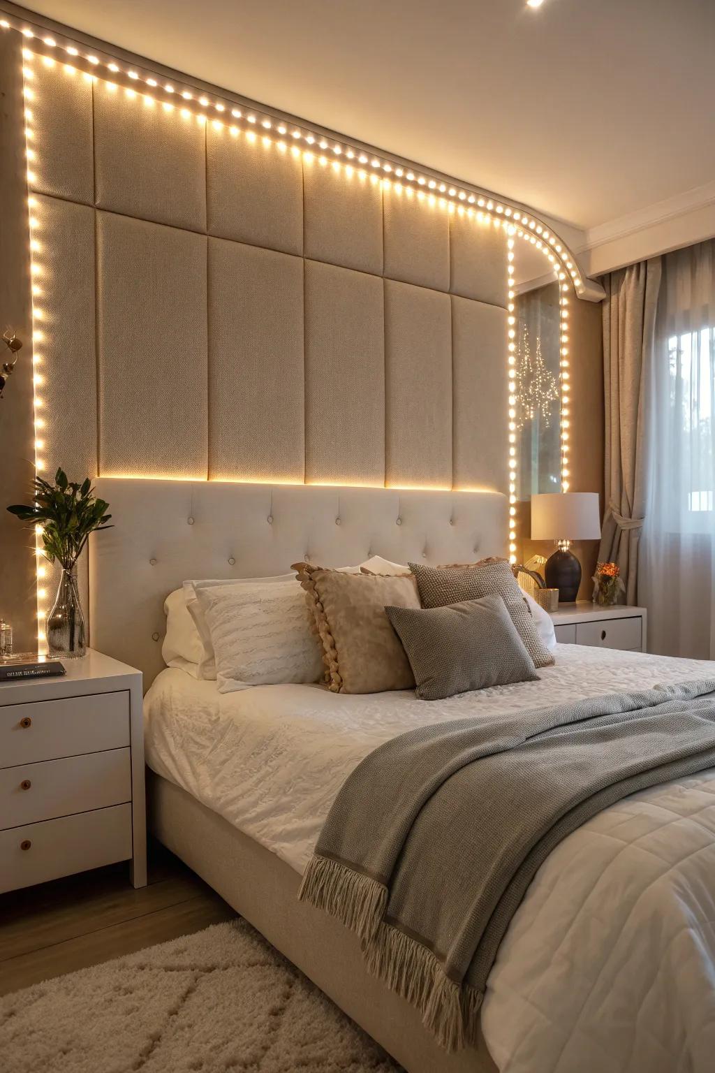 A serene bedroom arrangement featuring LED light strips on the headboard.