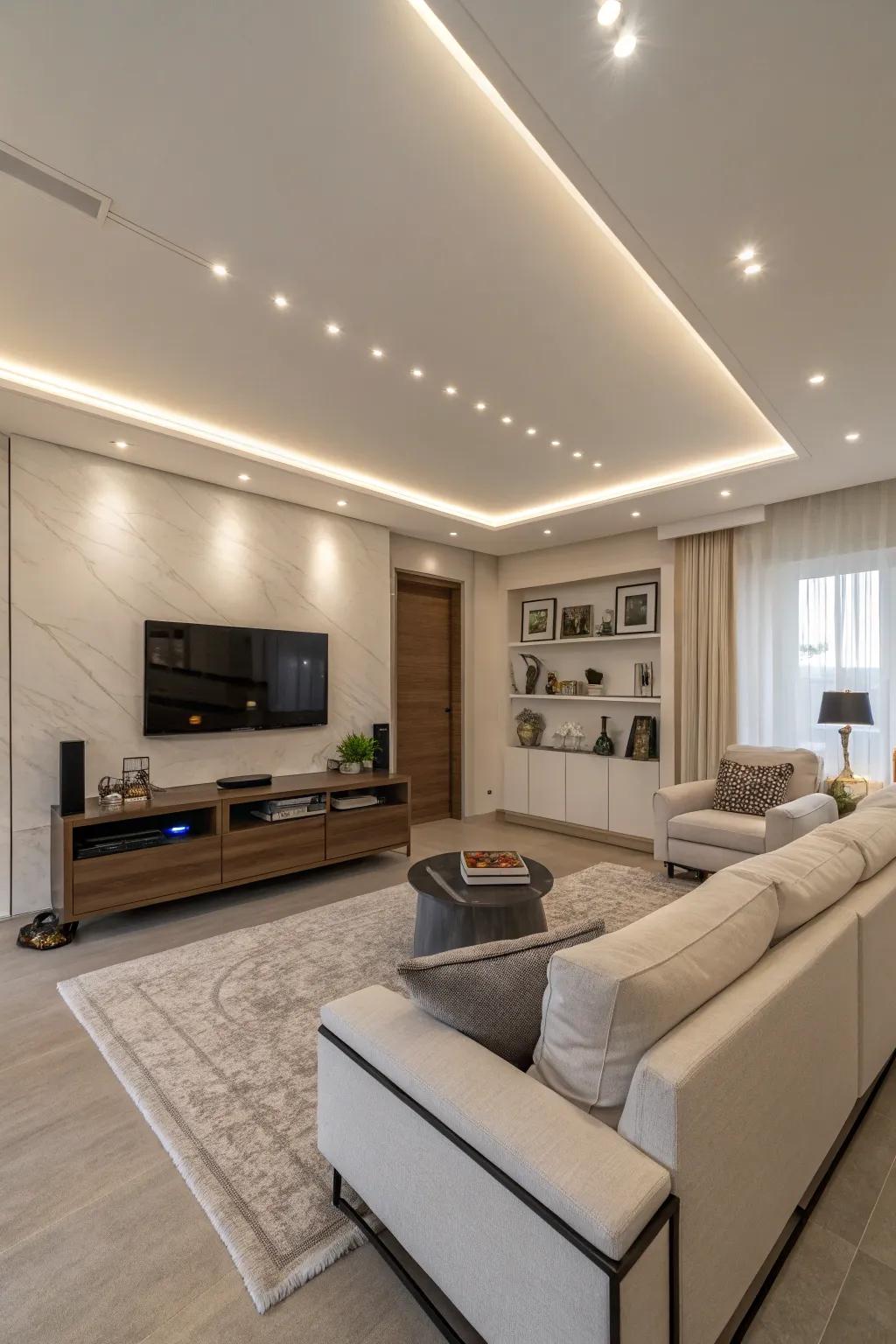 Inset LED ceiling lights bring a minimalist sensibility.