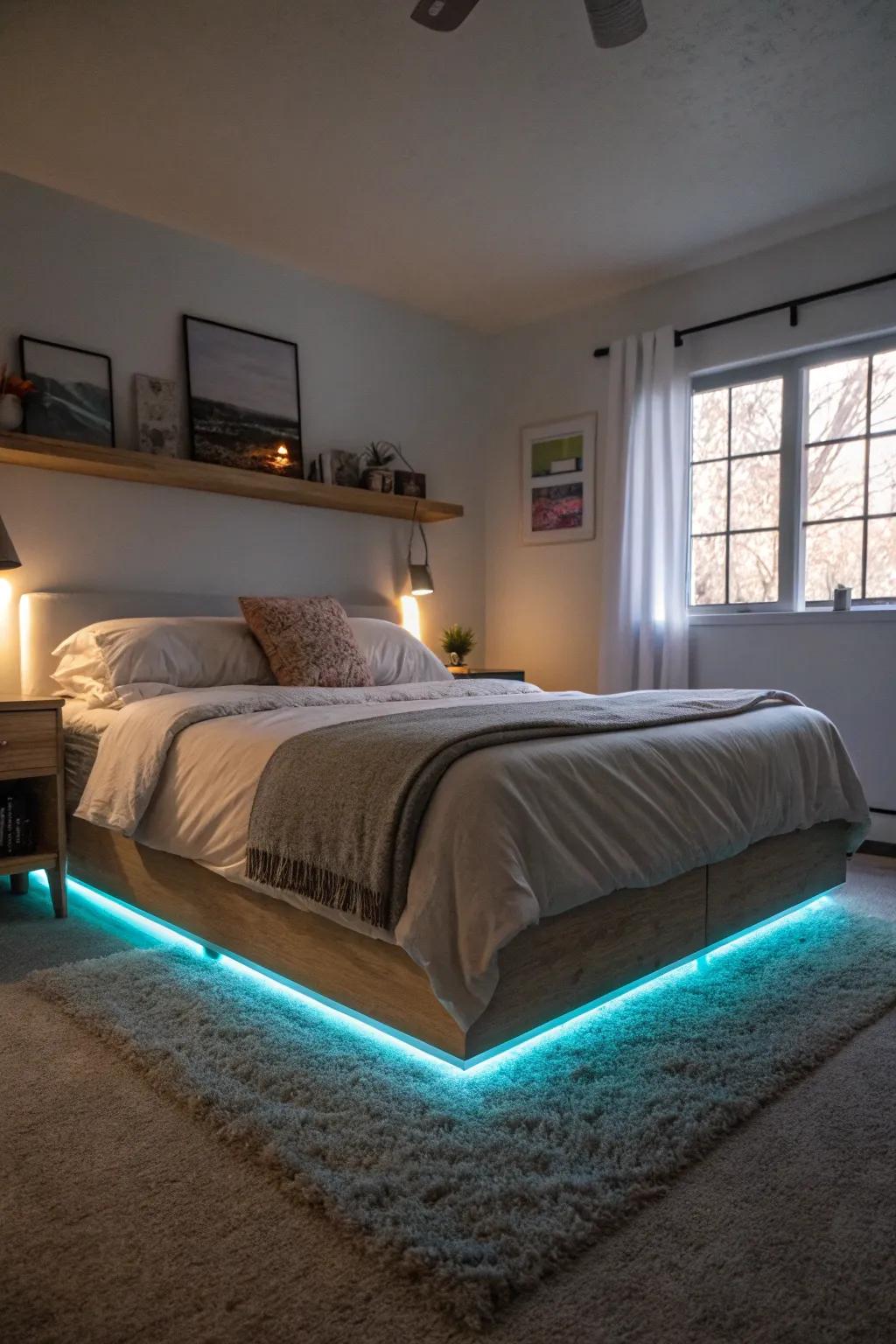 LED under-lighting casts a soothing glow in the bedroom.