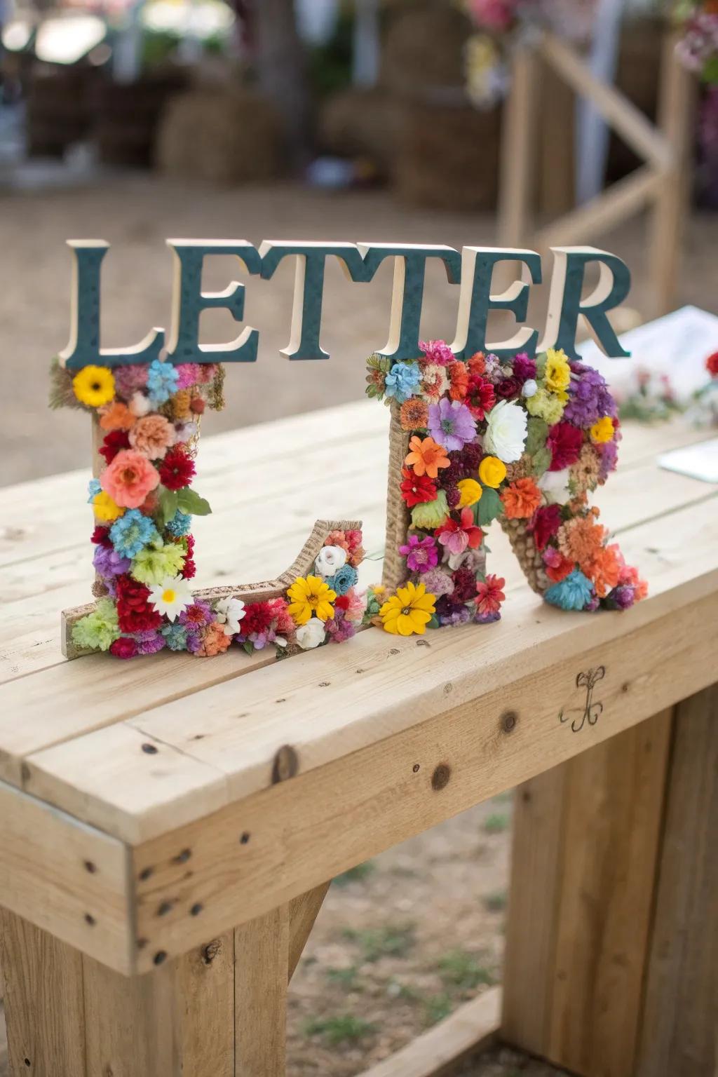 A letter exquisitely decorated using vibrant faux flowers.