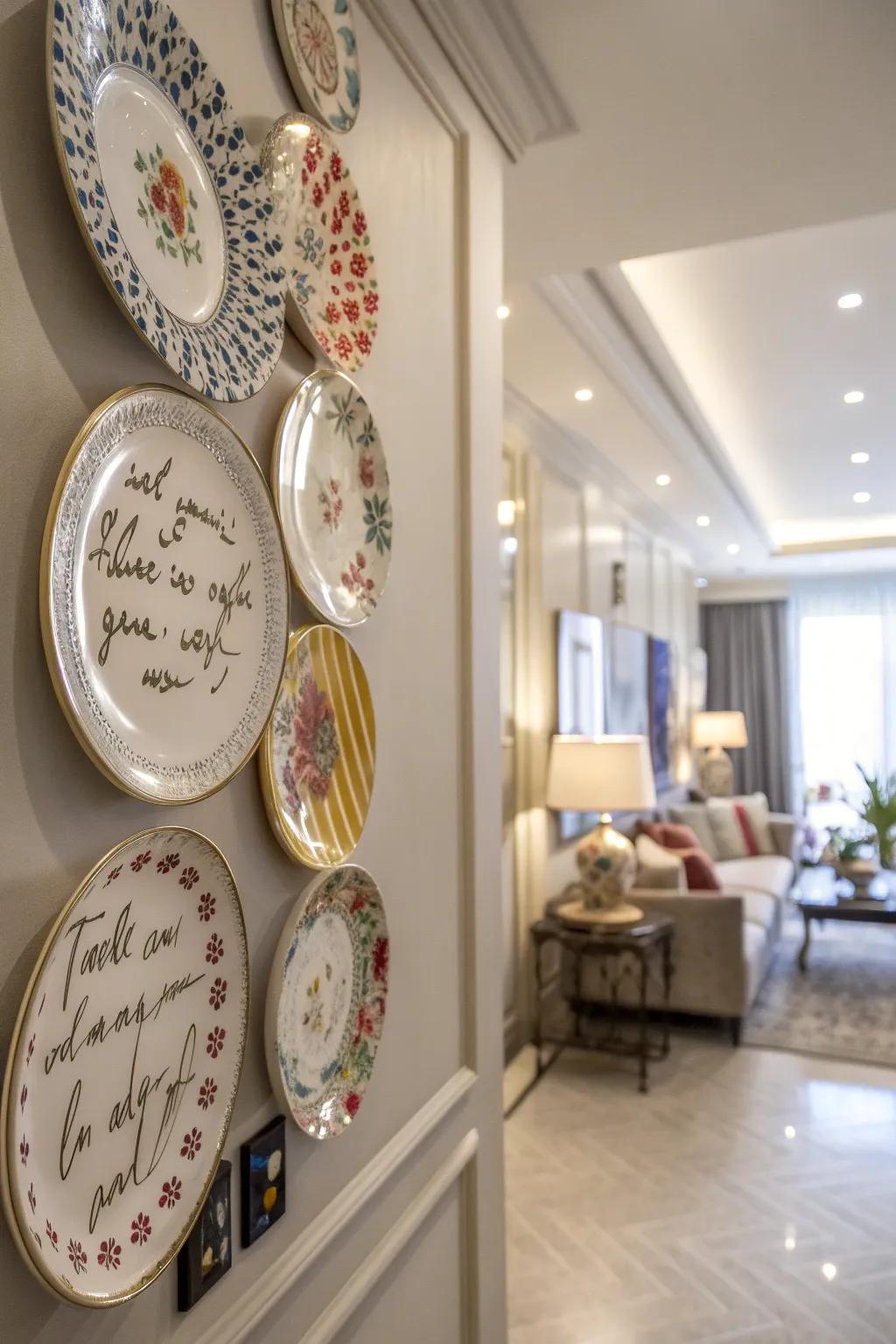 A stylish apartment featuring a wall of plates, each inscribed with a personal message.