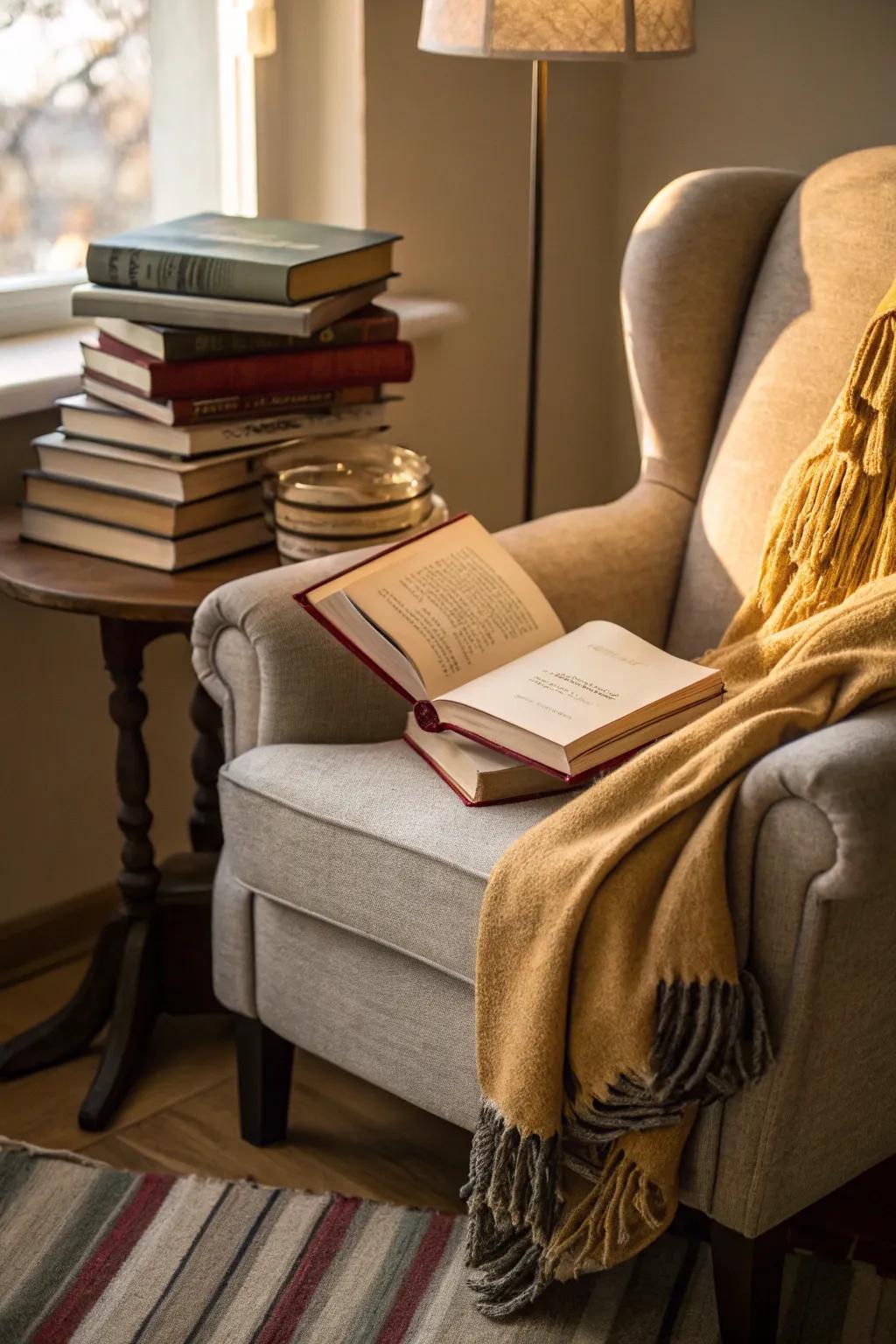 A comfortable reading spot featuring a plush armchair and several books.