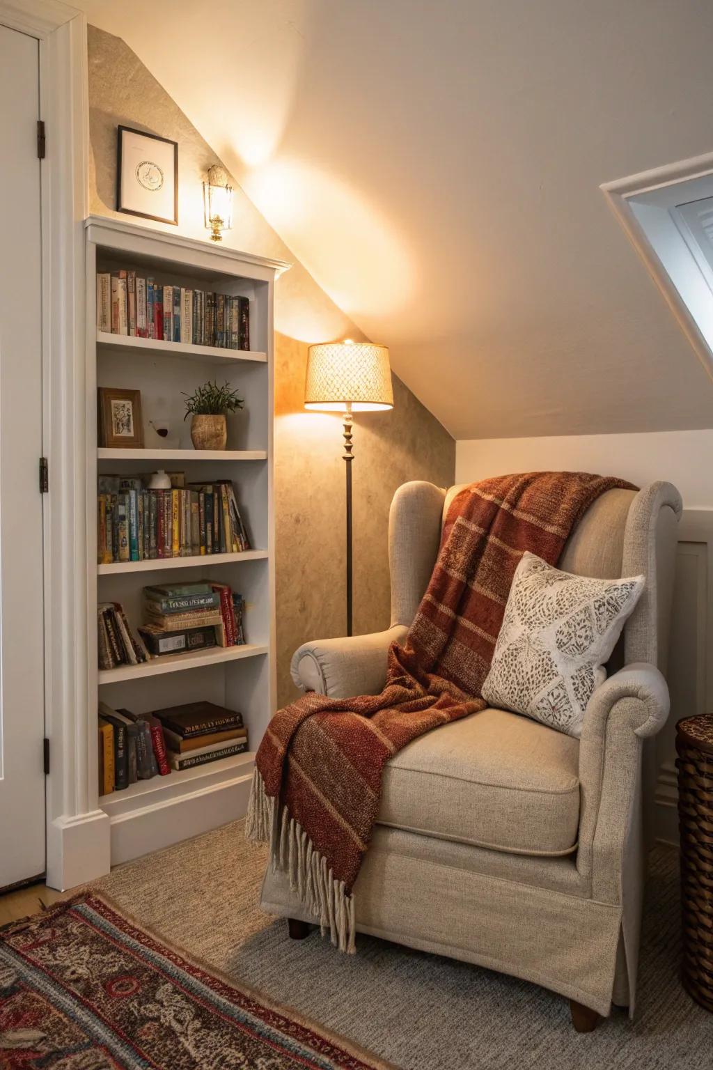 A cozy reading nook that's ideal for snuggling up with a good book.
