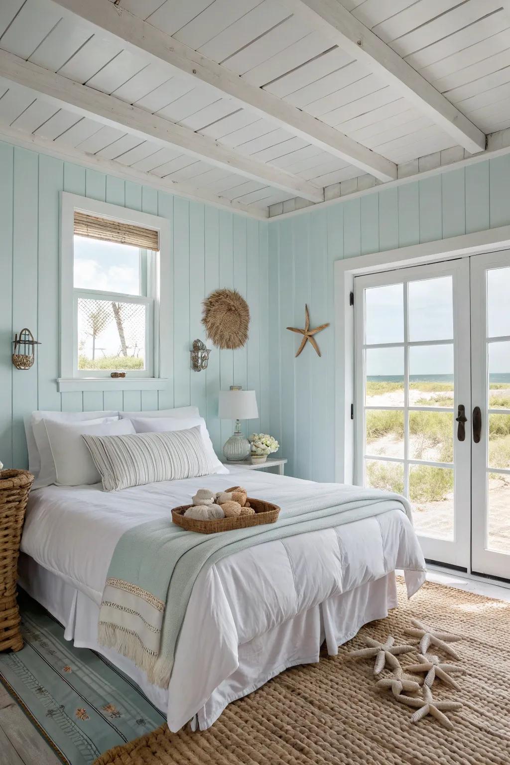 A coastal-inspired bedroom featuring pale blue walls and white bedding to craft a rejuvenating retreat.