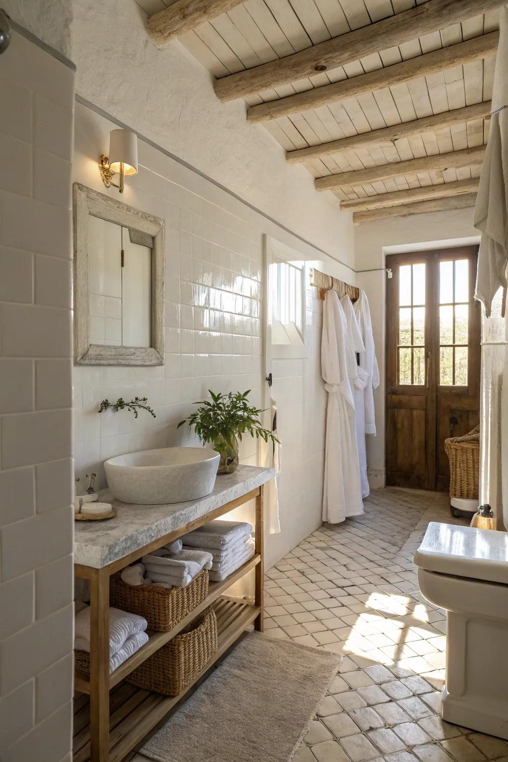 The layering of white hues in a bathroom results in a serene and spacious ambiance.