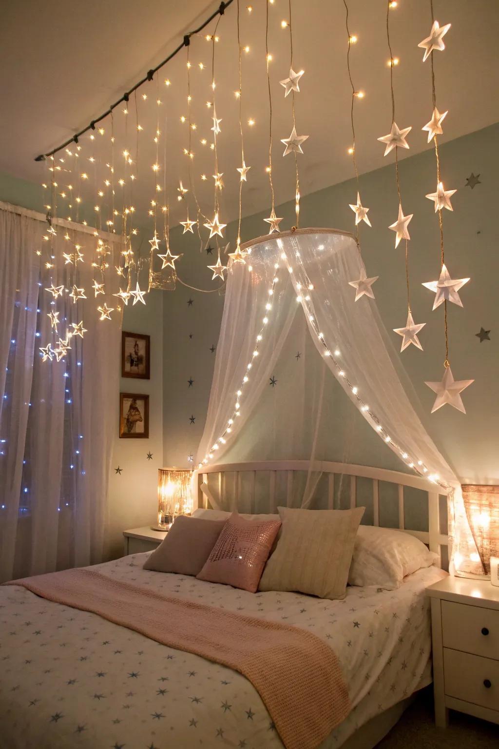 A welcoming bedroom enhanced by an overhead display of glimmer lights.