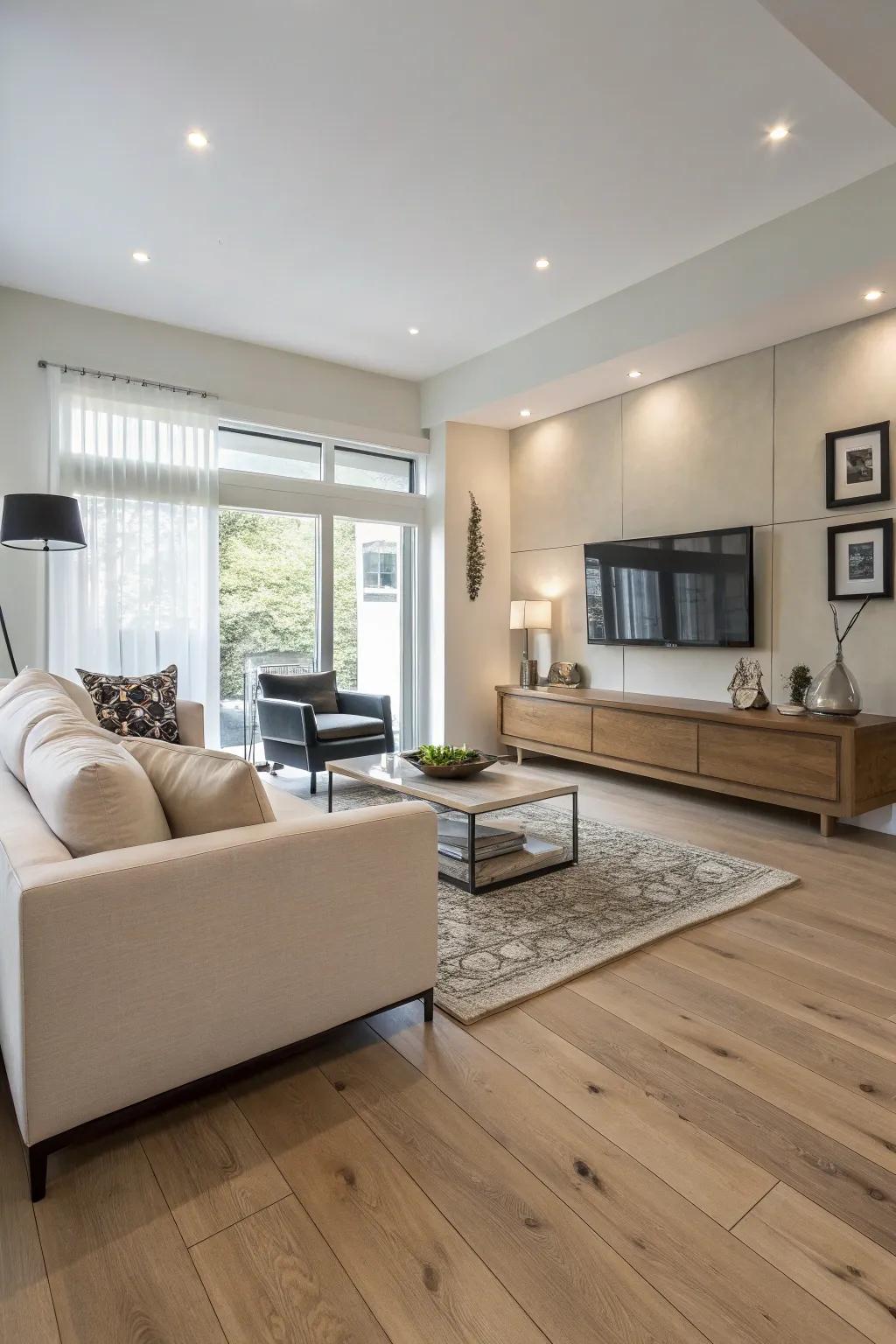 Light blonde maple flooring adds a glamorous touch to this contemporary living area.