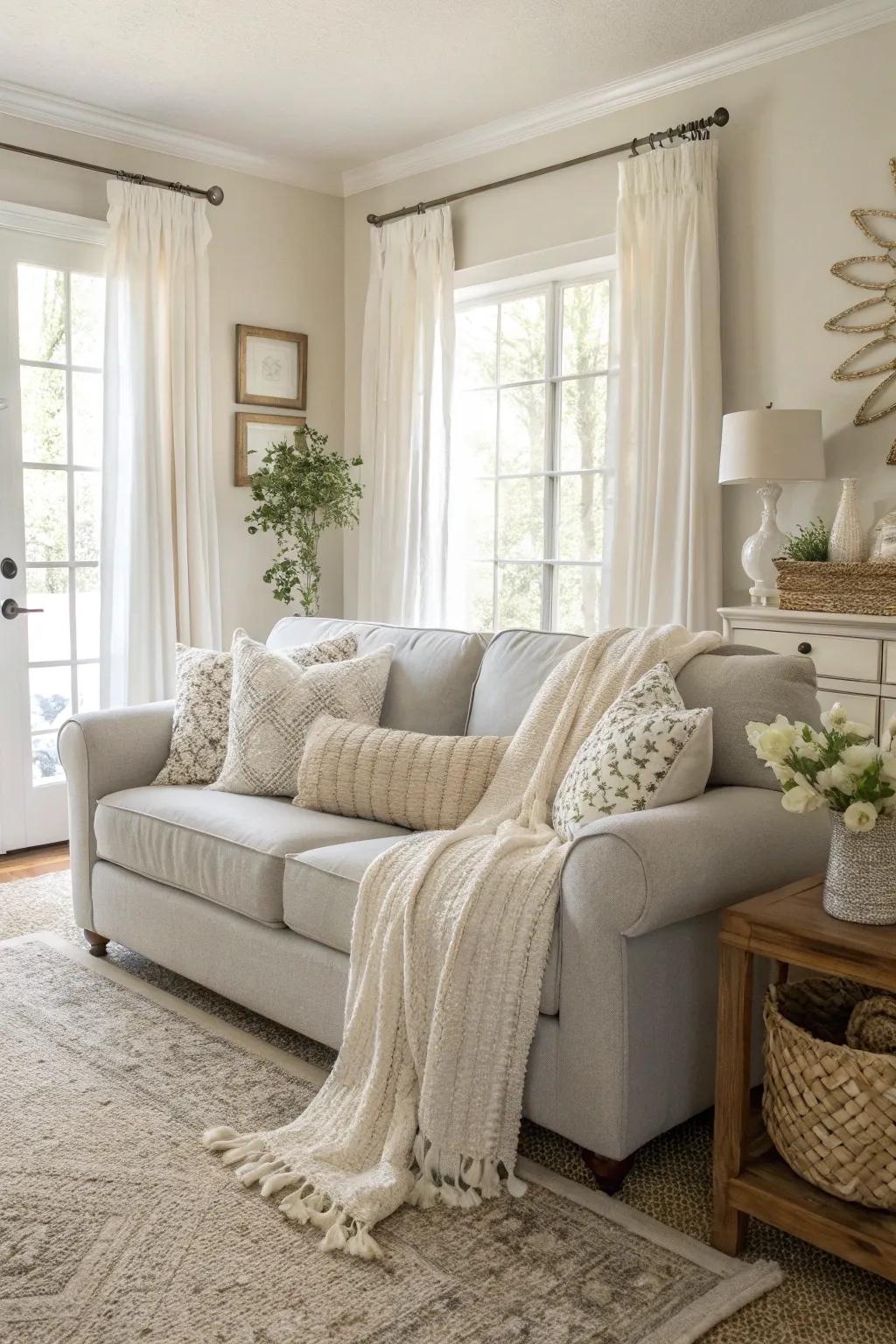 The calming effect of a neutral palette, highlighting a pale stone sofa.