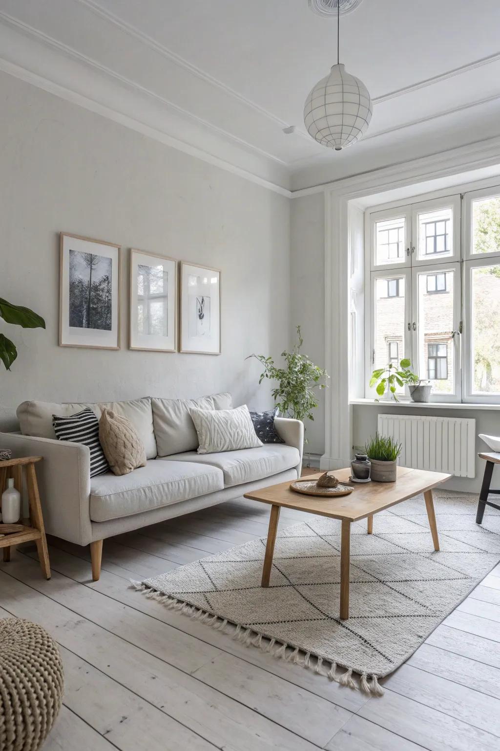 A Scandinavian-inspired living area featuring light grey flooring and minimalist decorations.