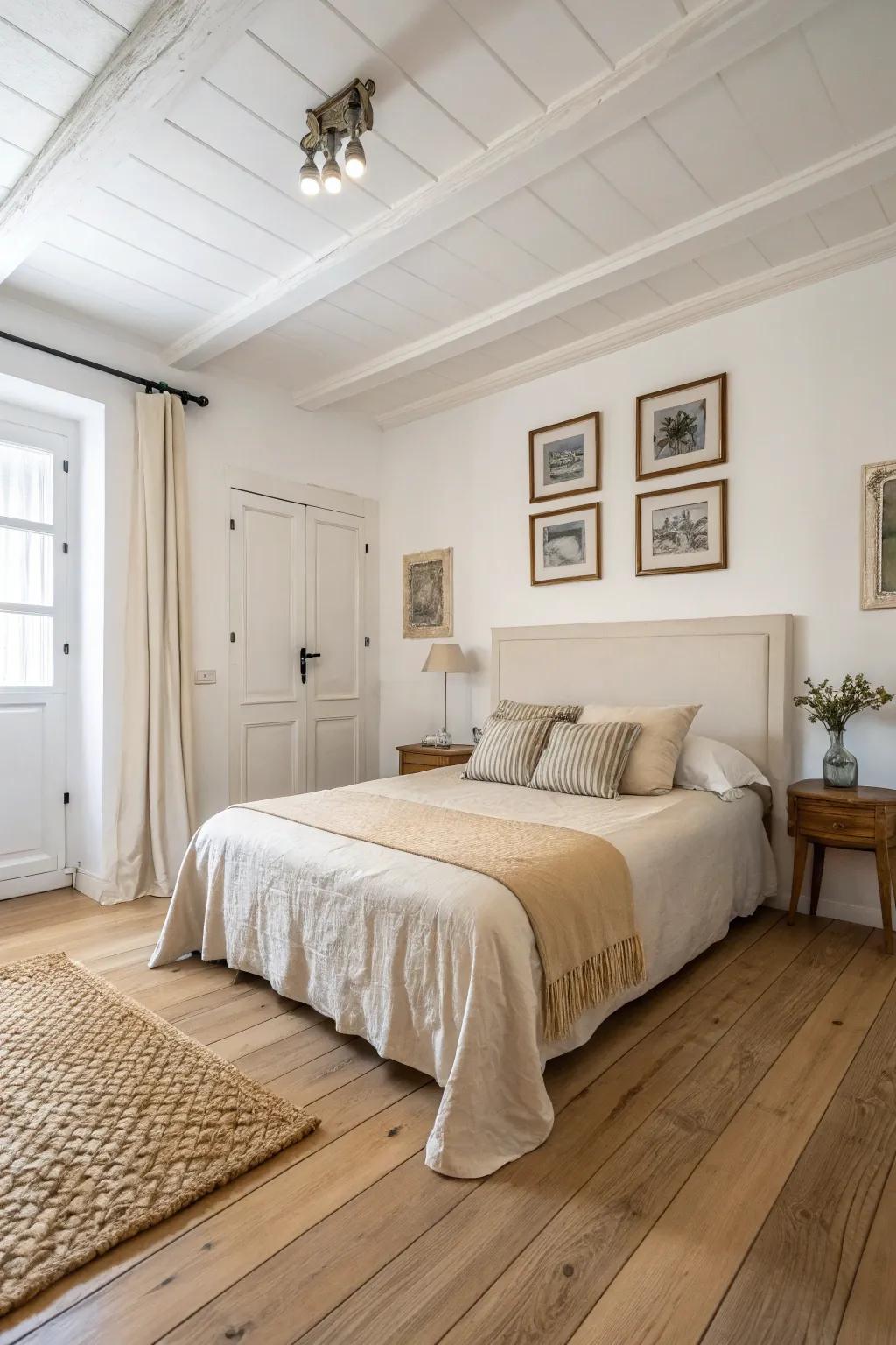 Neutral shades enhancing pale timber flooring for a calming feel.