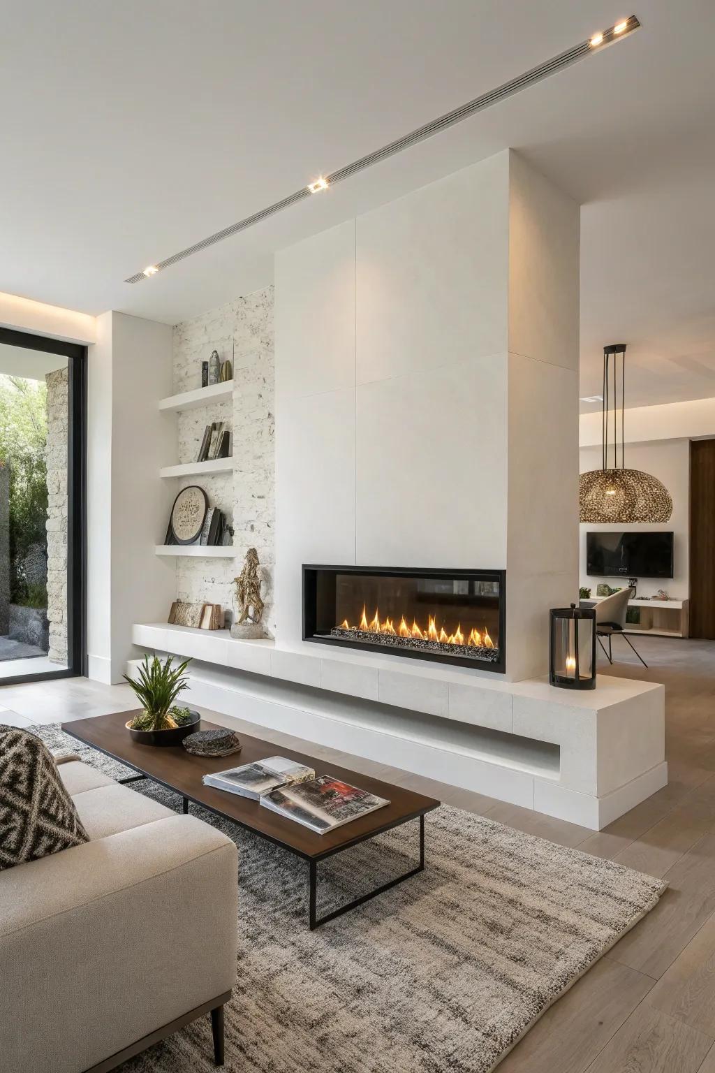 Get a seamless appearance using an integrated linear fireplace.