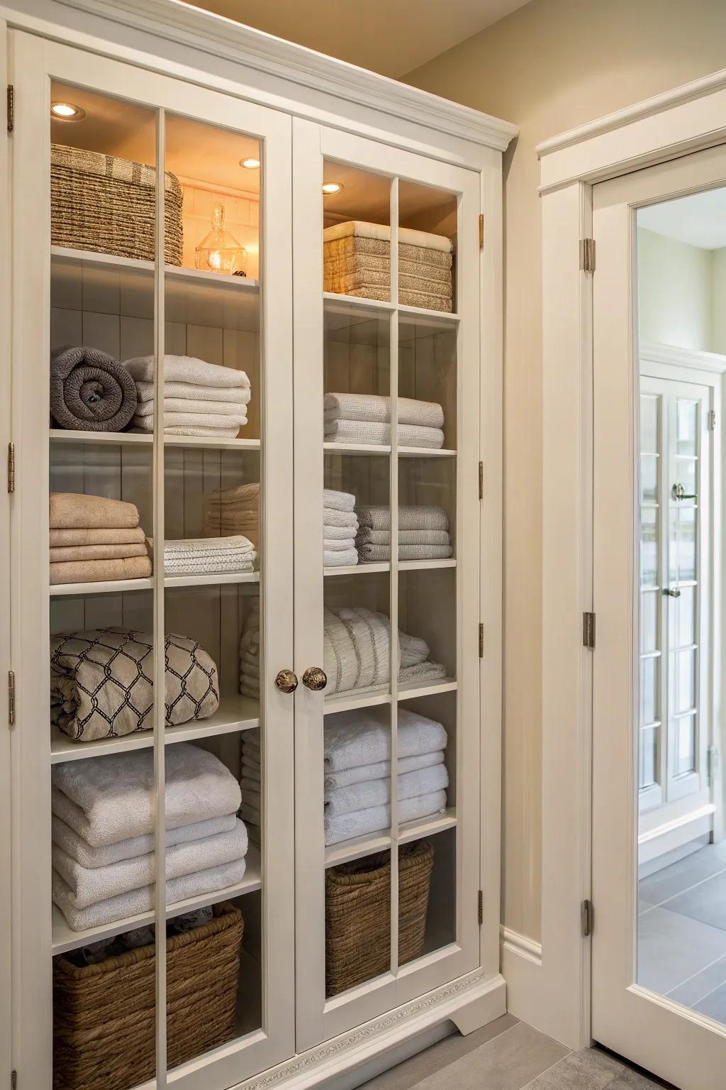 A linen closet enhanced with glass paneled doors offers both elegance and visibility.