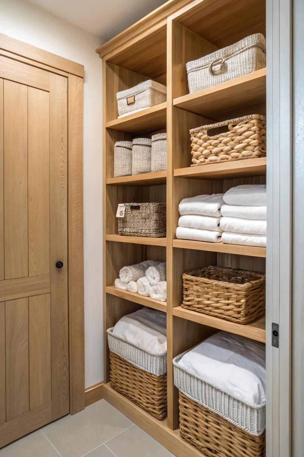 Bespoke wood shelving provides a polished look in a linen closet.