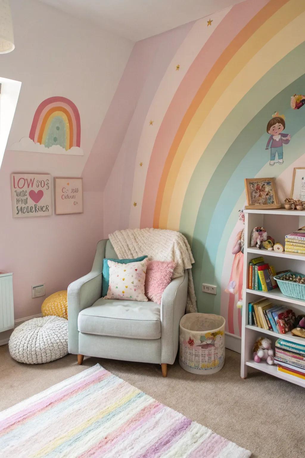 A delicate rainbow wall bringing magic to a girl's bedroom.