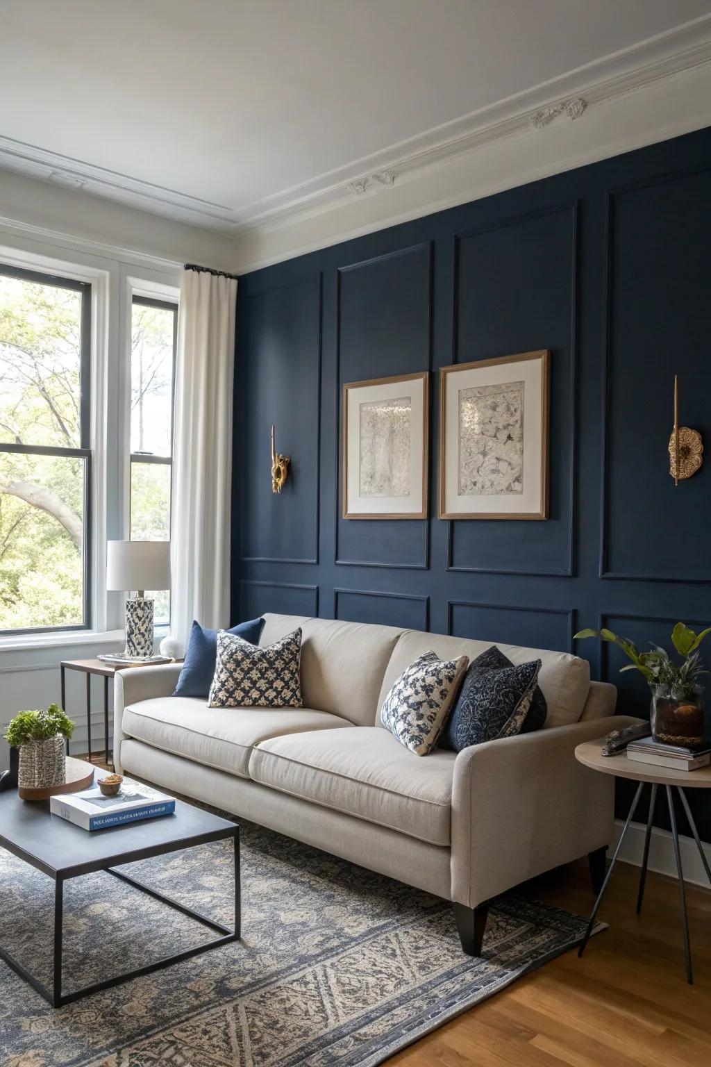 A midnight blue feature wall introduces richness and sophistication to this contemporary living area.
