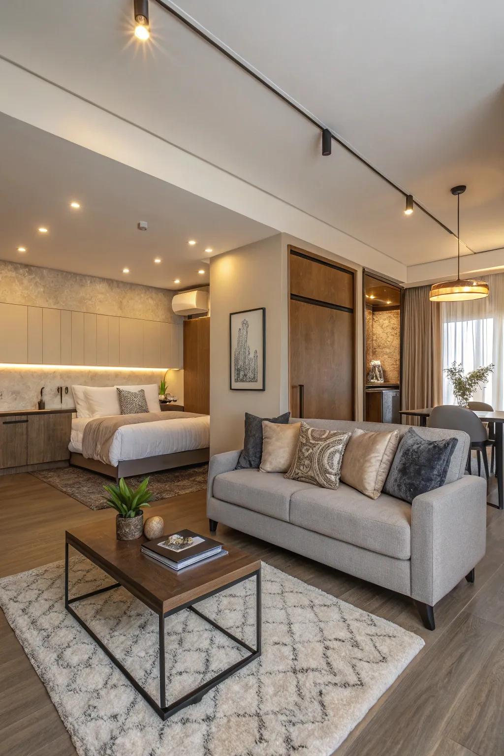 An open-concept arrangement that harmoniously blends living and sleeping spaces.