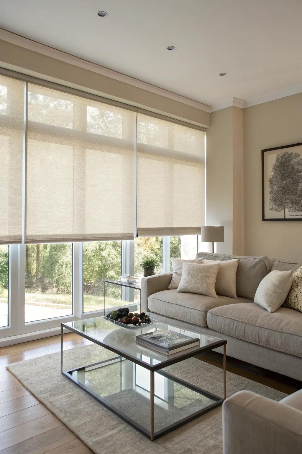 For a classic style, use neutral roller shades.