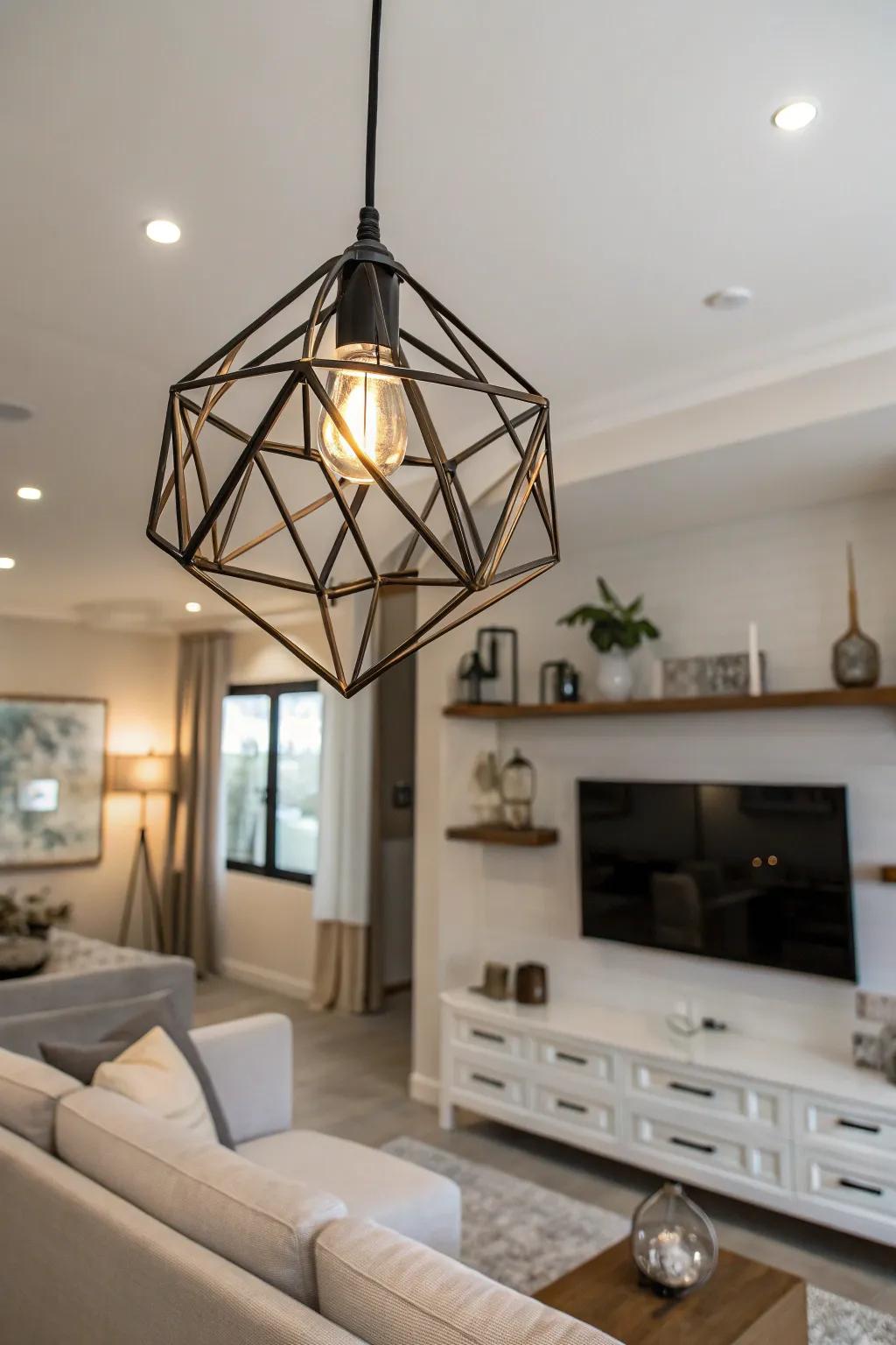 Sculptural pendants infuse contemporary charm with their striking forms.