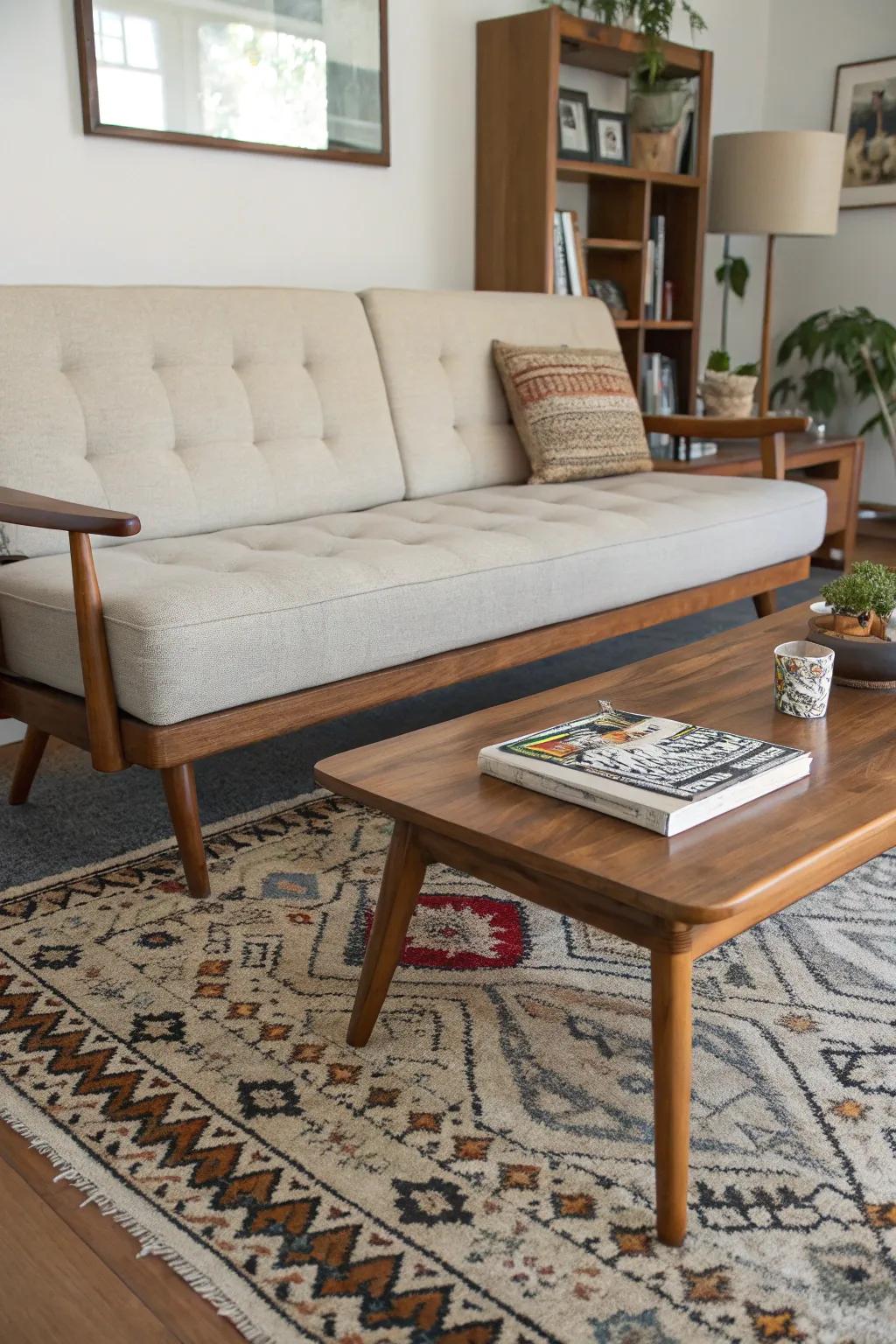 A mid-century modern sofa showcasing its classic splayed legs.