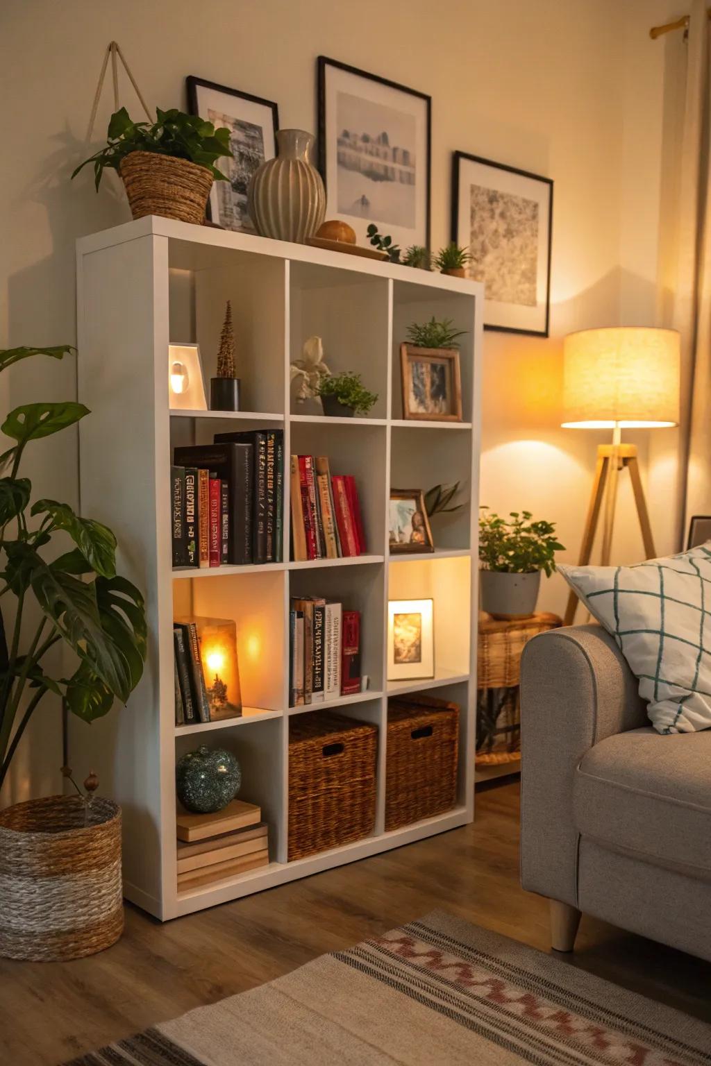 A snug reading nook created using cube storage, merging reading material with design.