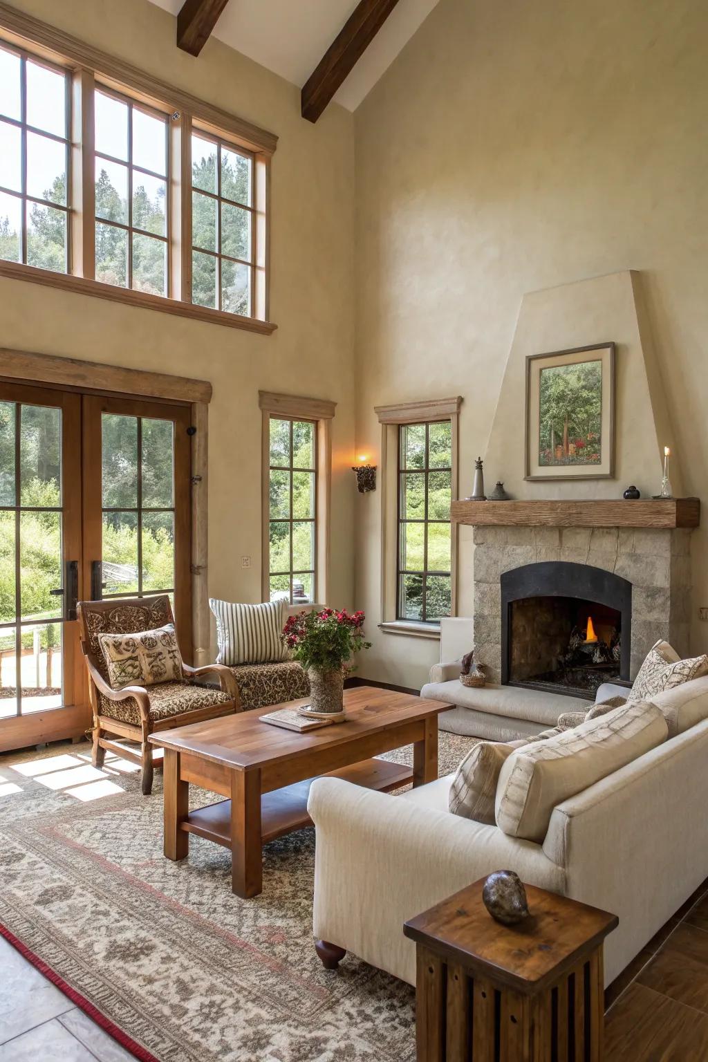 Neutral hues provide the ideal backdrop for a farmhouse living room.