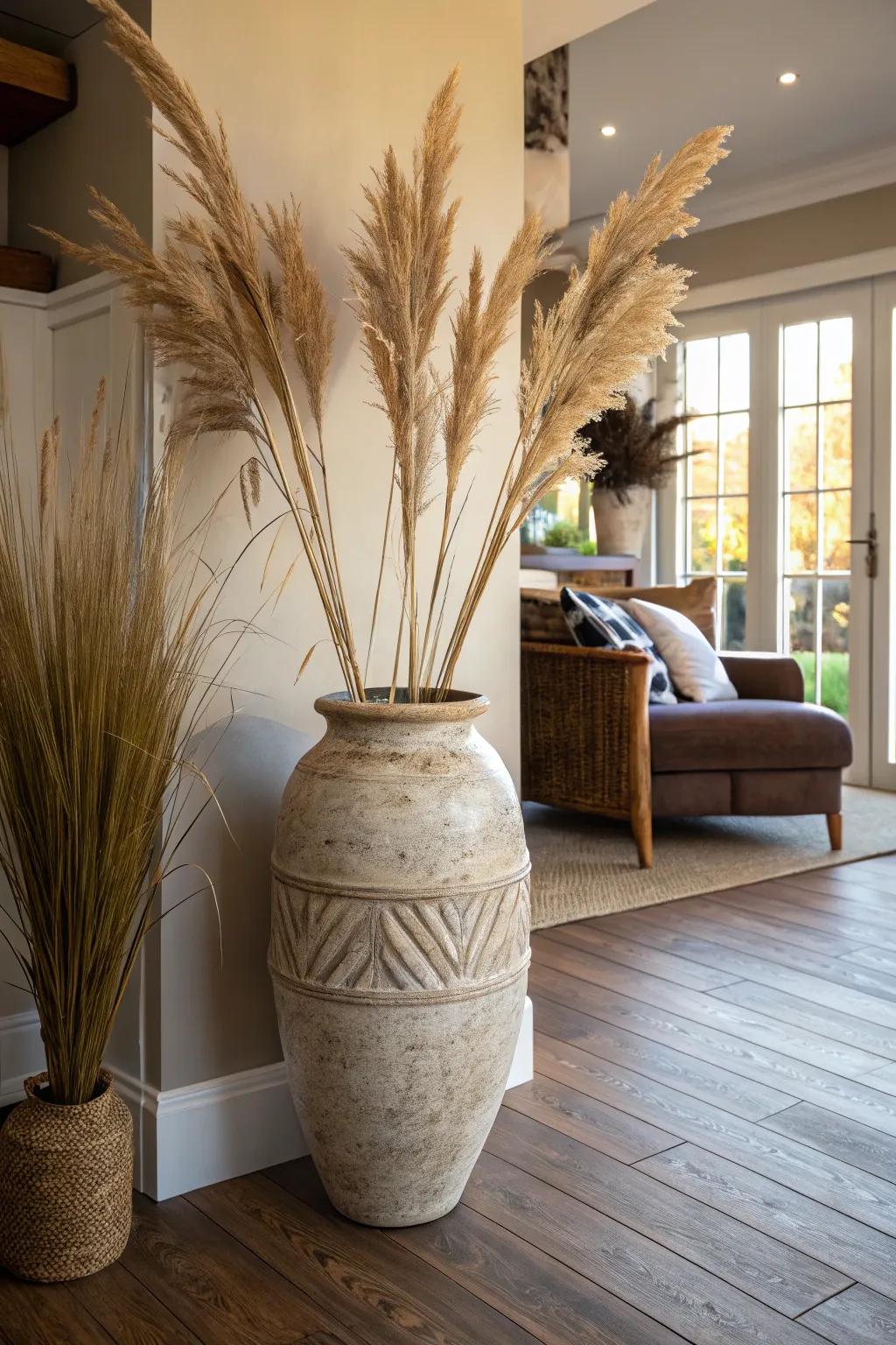 A large pottery container with meadow plumes adds a free-spirited touch to any space.
