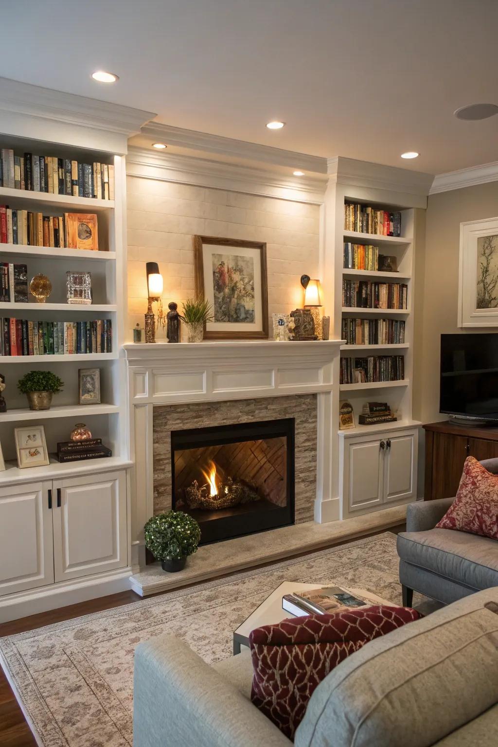 Sophisticated built-in shelves surround a warm fireplace.