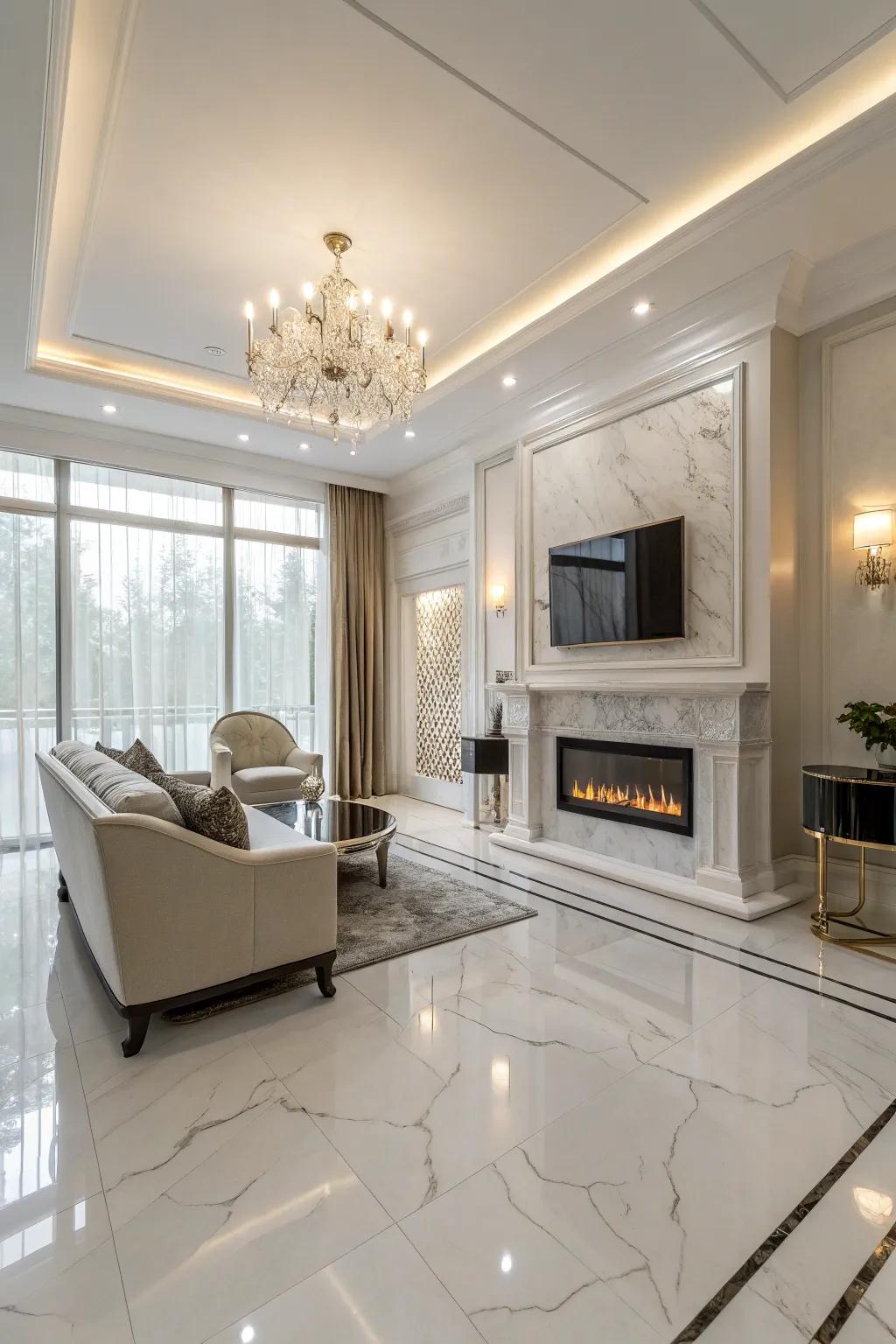 Elegant living area featuring refined ivory stone tiling.