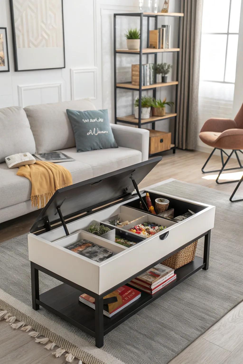 A coffee table with hidden storage keeps toys neatly tucked away.